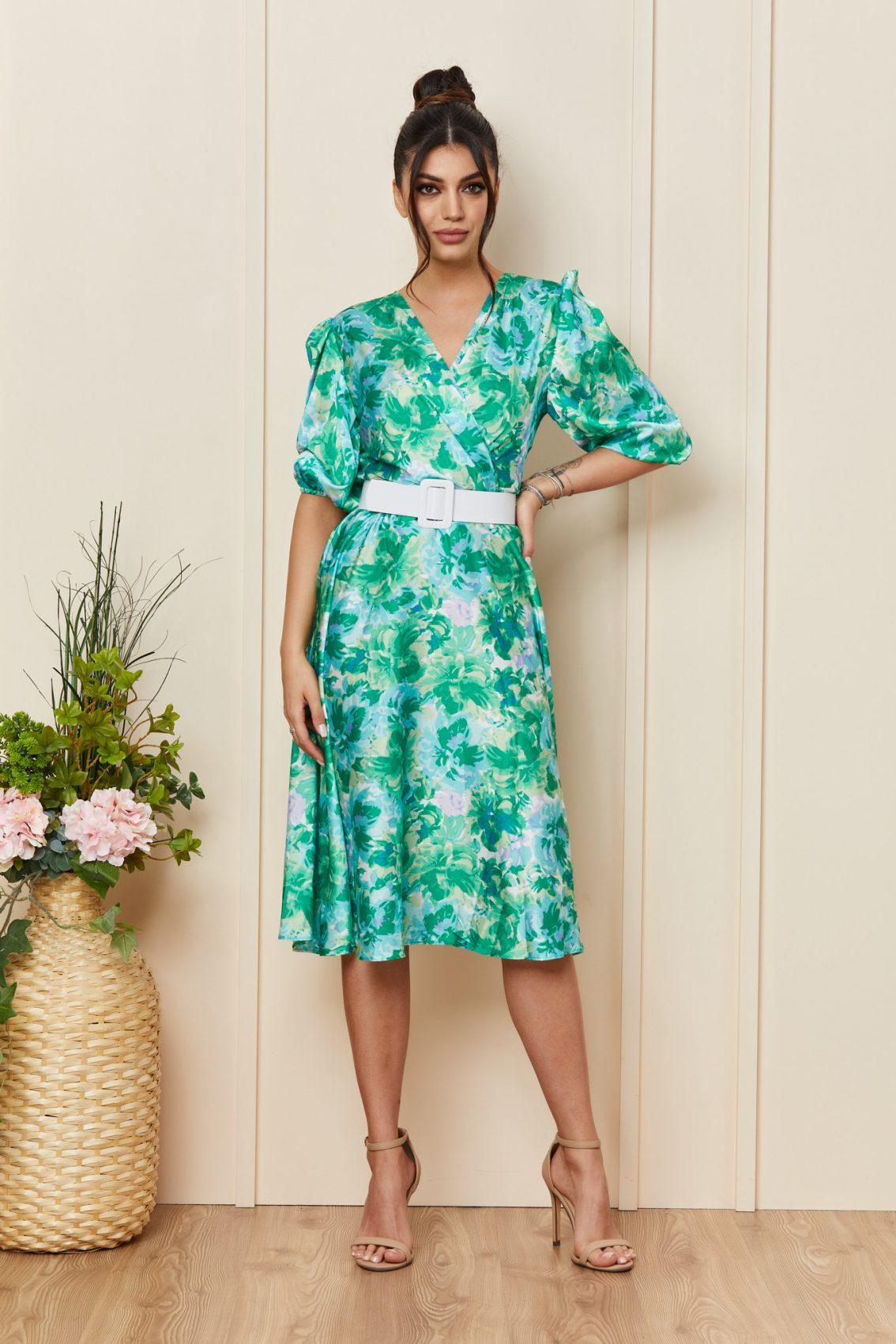 Πράσινο Εμπριμέ Μίντι Σατέν Φόρεμα Glenda T3379 1