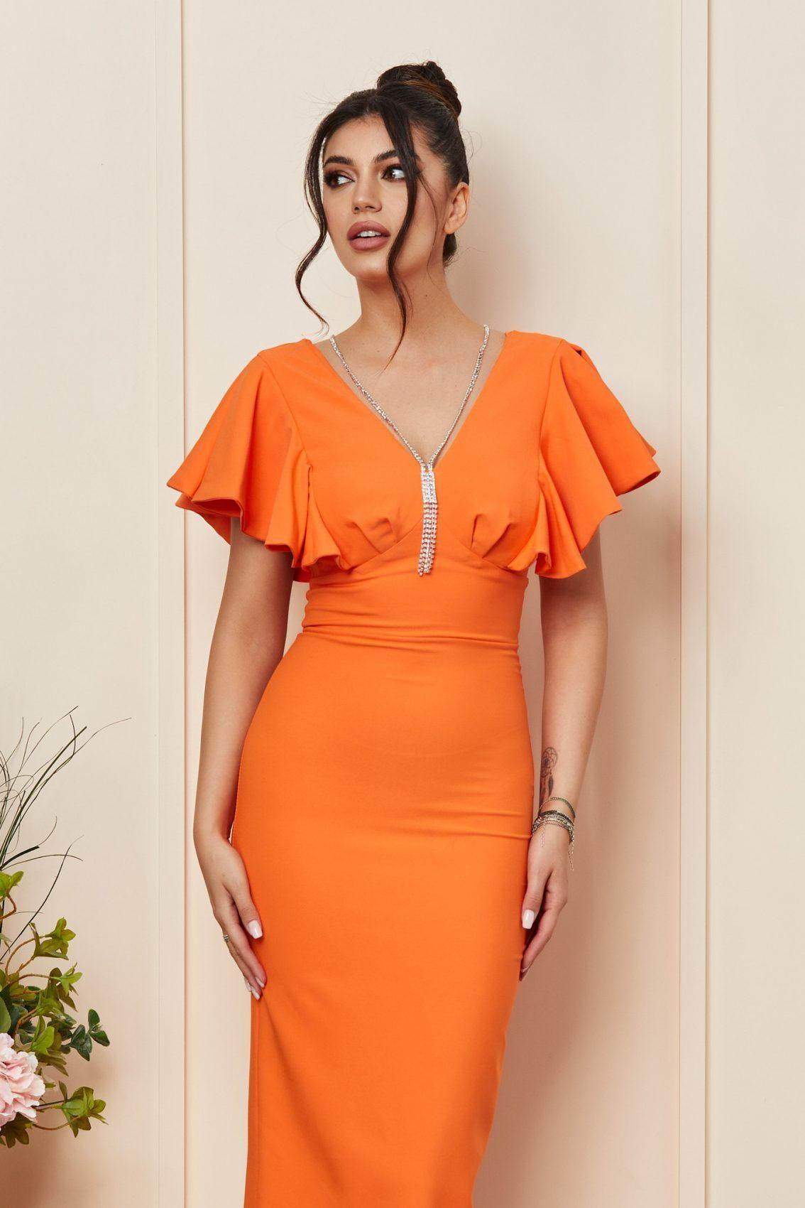 Πορτοκαλί Μίντι Πένσιλ Βραδινό Φόρεμα Kasia T3373 3