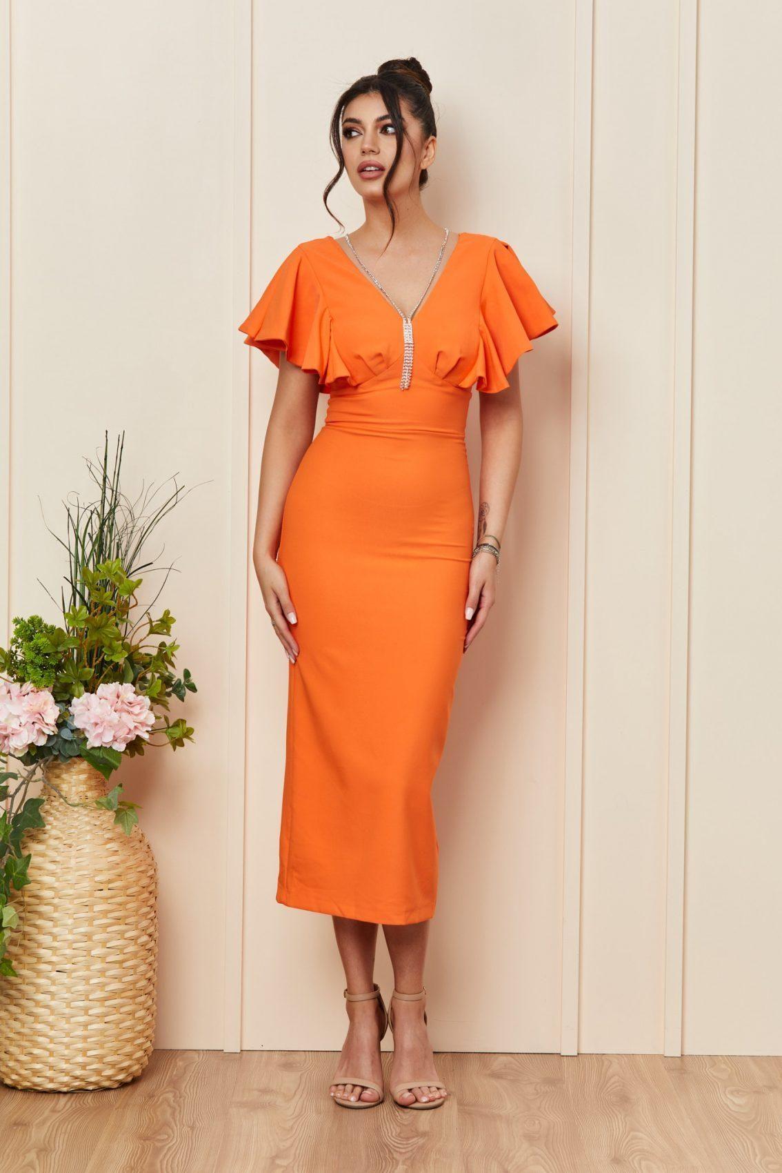 Πορτοκαλί Μίντι Πένσιλ Βραδινό Φόρεμα Kasia T3373 1