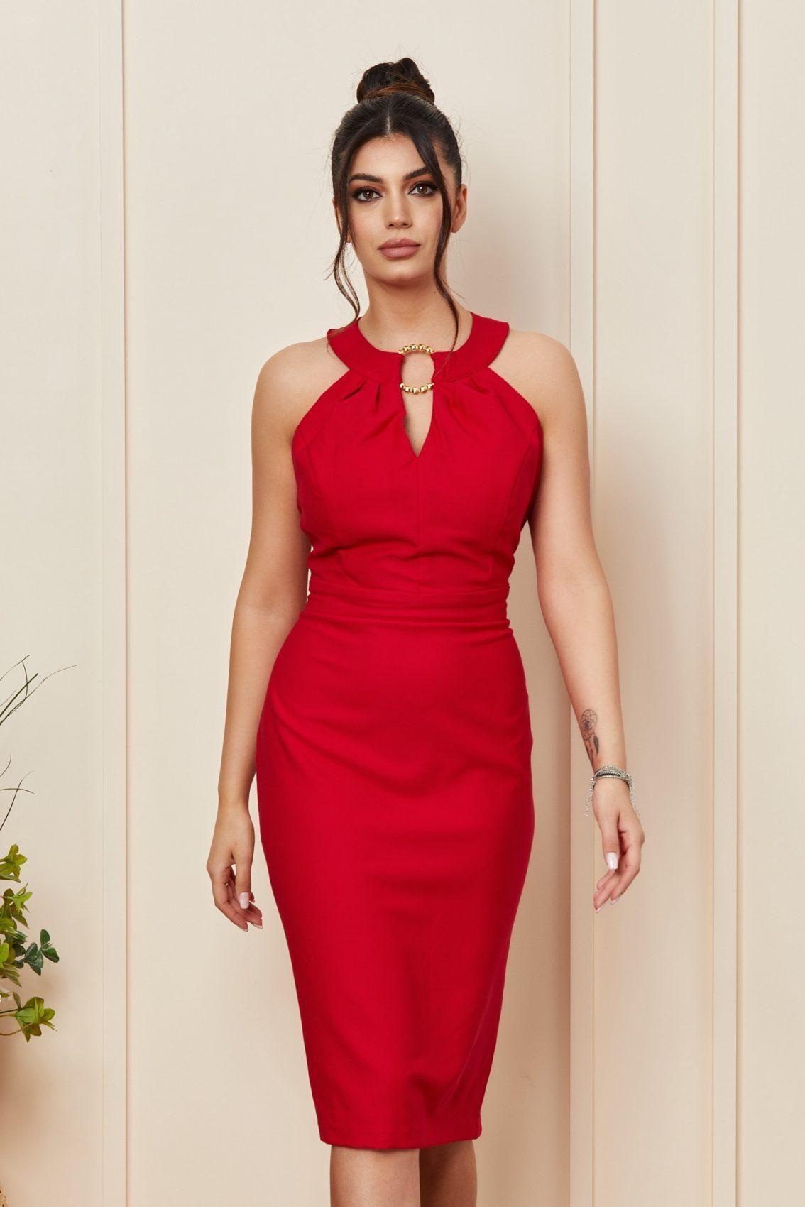 Κόκκινο Εφαρμοστό Μίντι Βραδινό Φόρεμα Nerida T3364 3