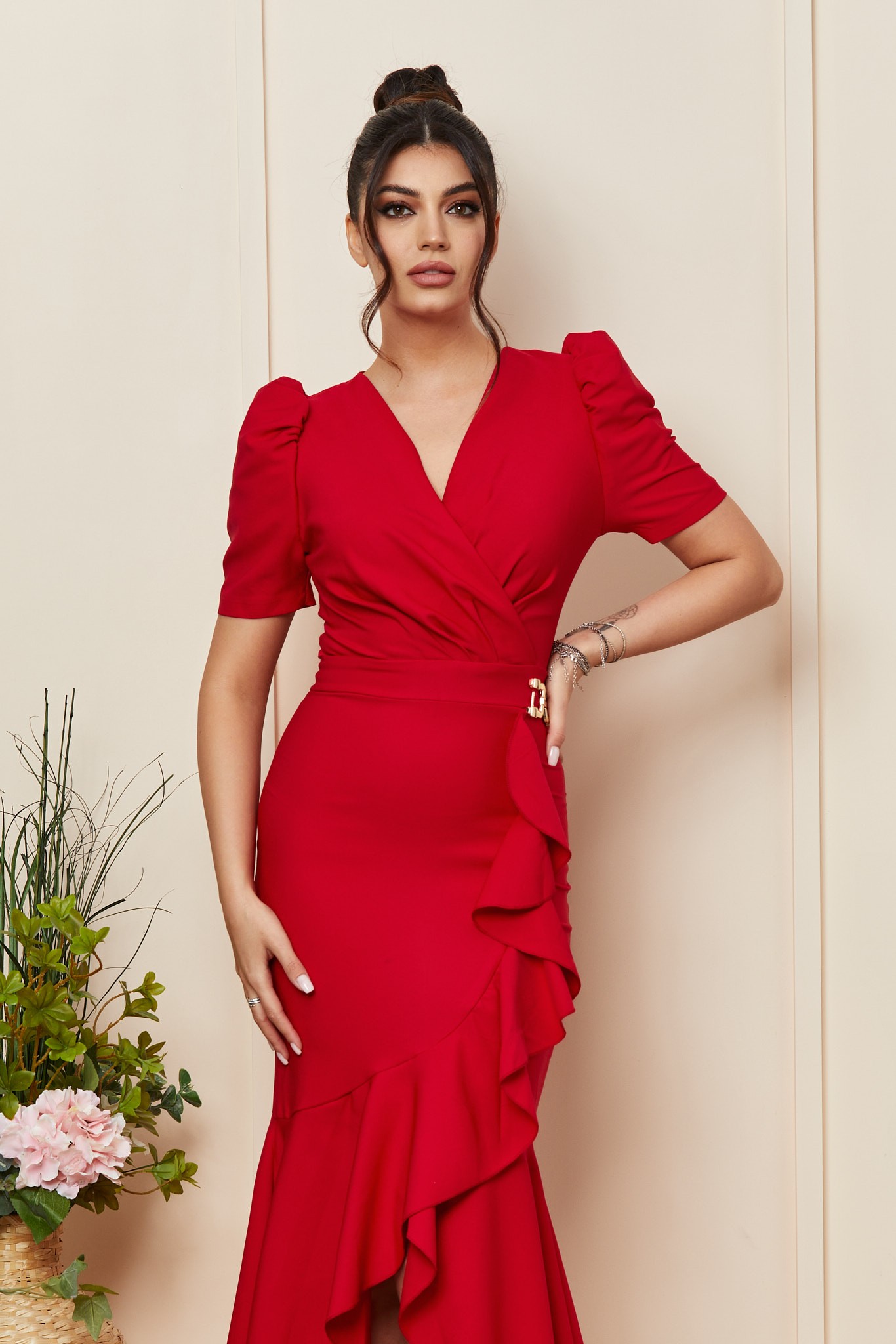 Κόκκινο Μίντι Κρουαζέ Βραδινό Φόρεμα Karly T3451 3