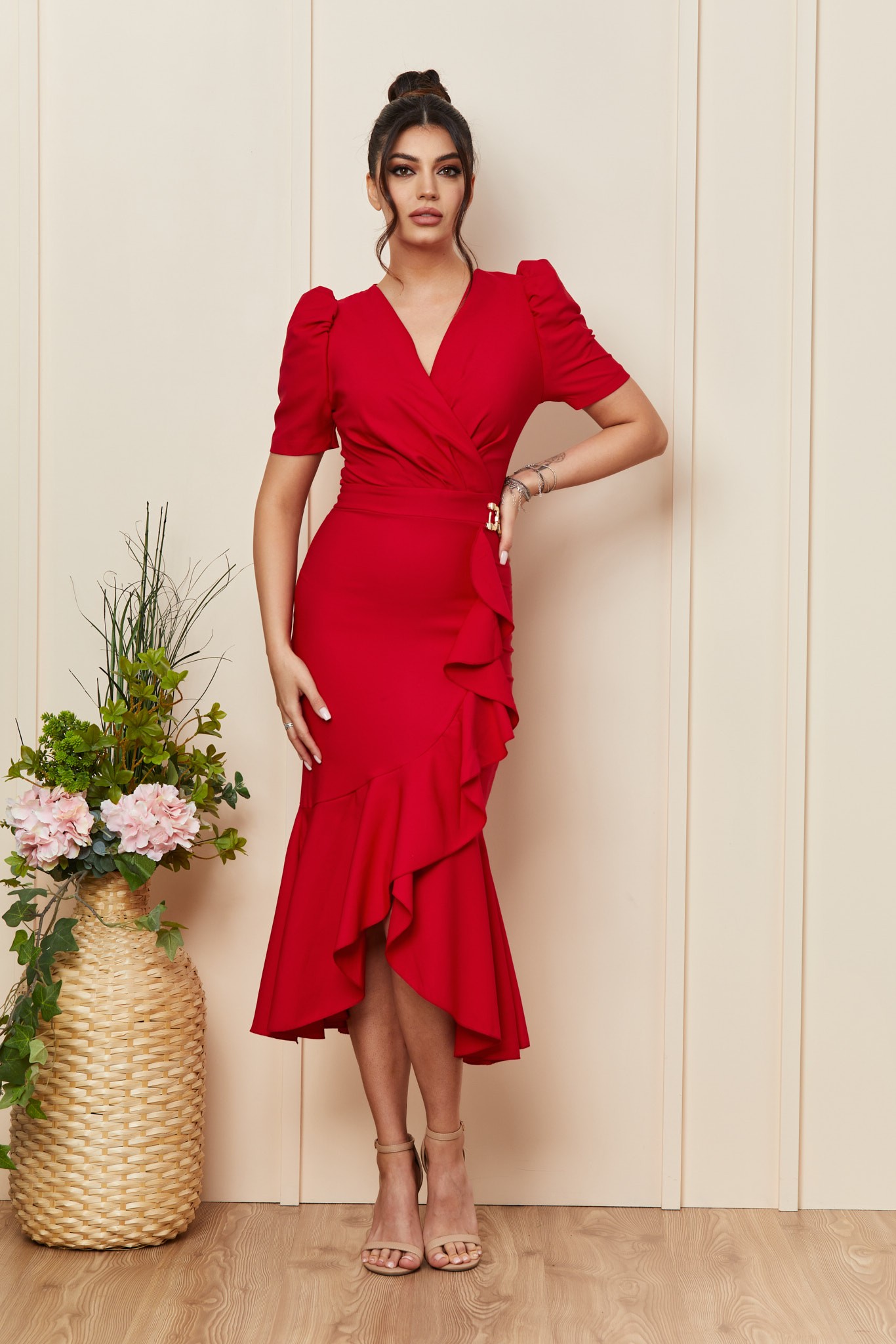 Κόκκινο Μίντι Κρουαζέ Βραδινό Φόρεμα Karly T3451 1