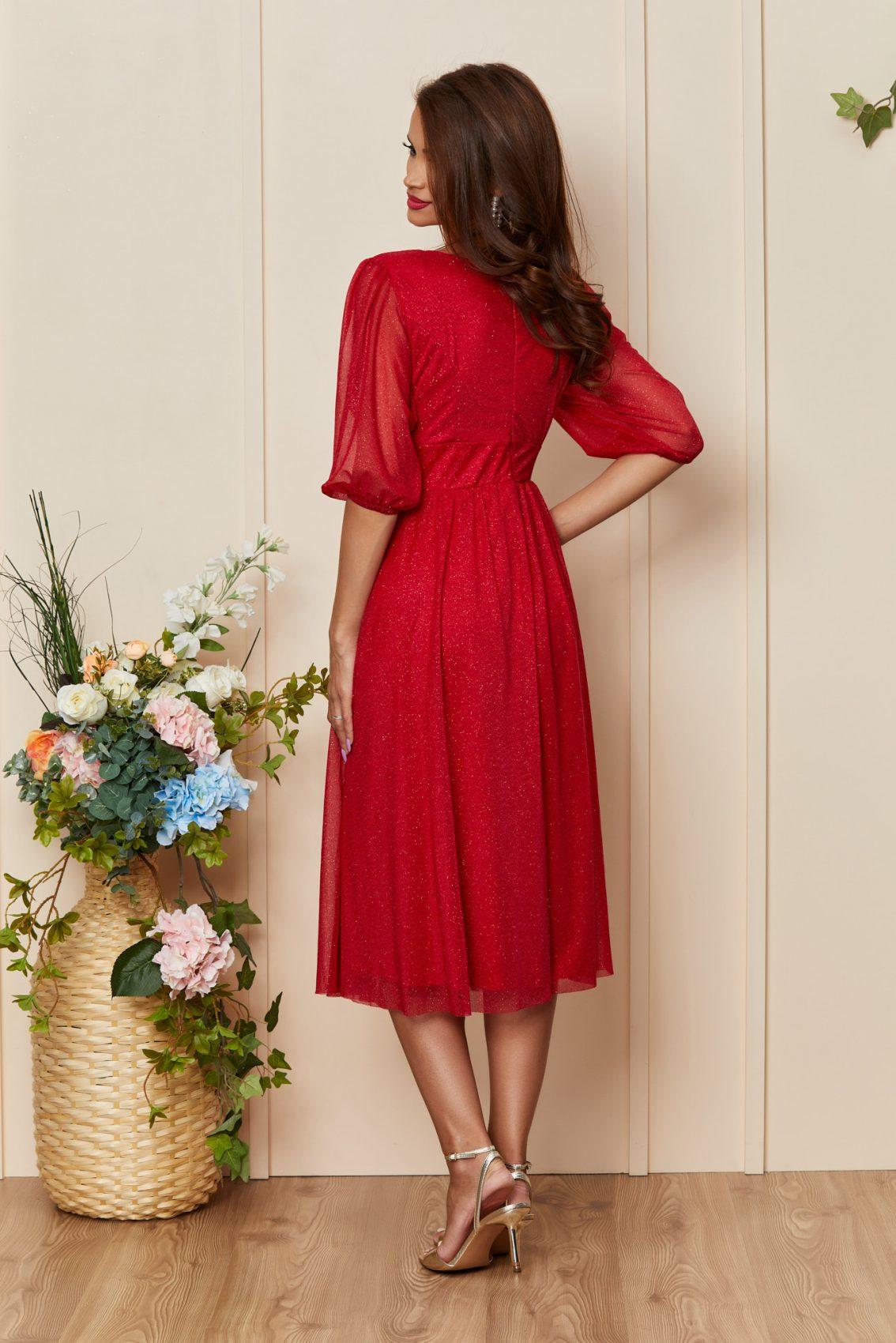 Κόκκινο Μίντι Βραδινό Φόρεμα Με Γκλίτερ Nicolette T3362 2