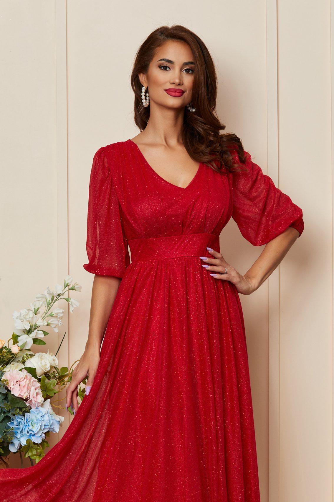 Κόκκινο Μίντι Βραδινό Φόρεμα Με Γκλίτερ Nicolette T3362 3