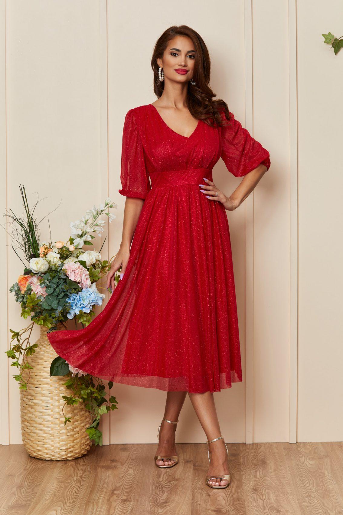 Κόκκινο Μίντι Βραδινό Φόρεμα Με Γκλίτερ Nicolette T3362 1