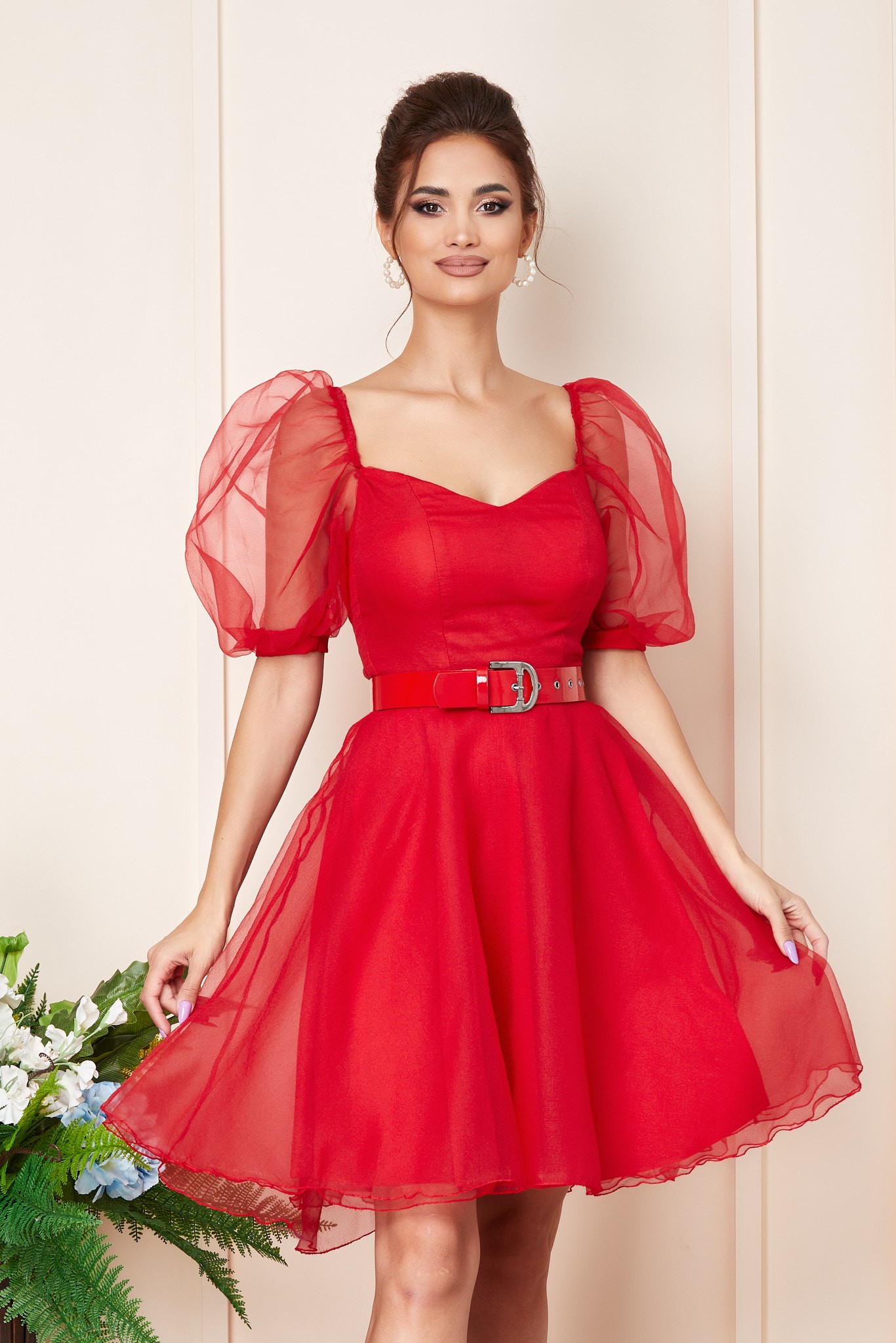 Κόκκινο Μίνι Αμπιγιέ Φόρεμα Με Μανίκια Puff Aurora T3225 3