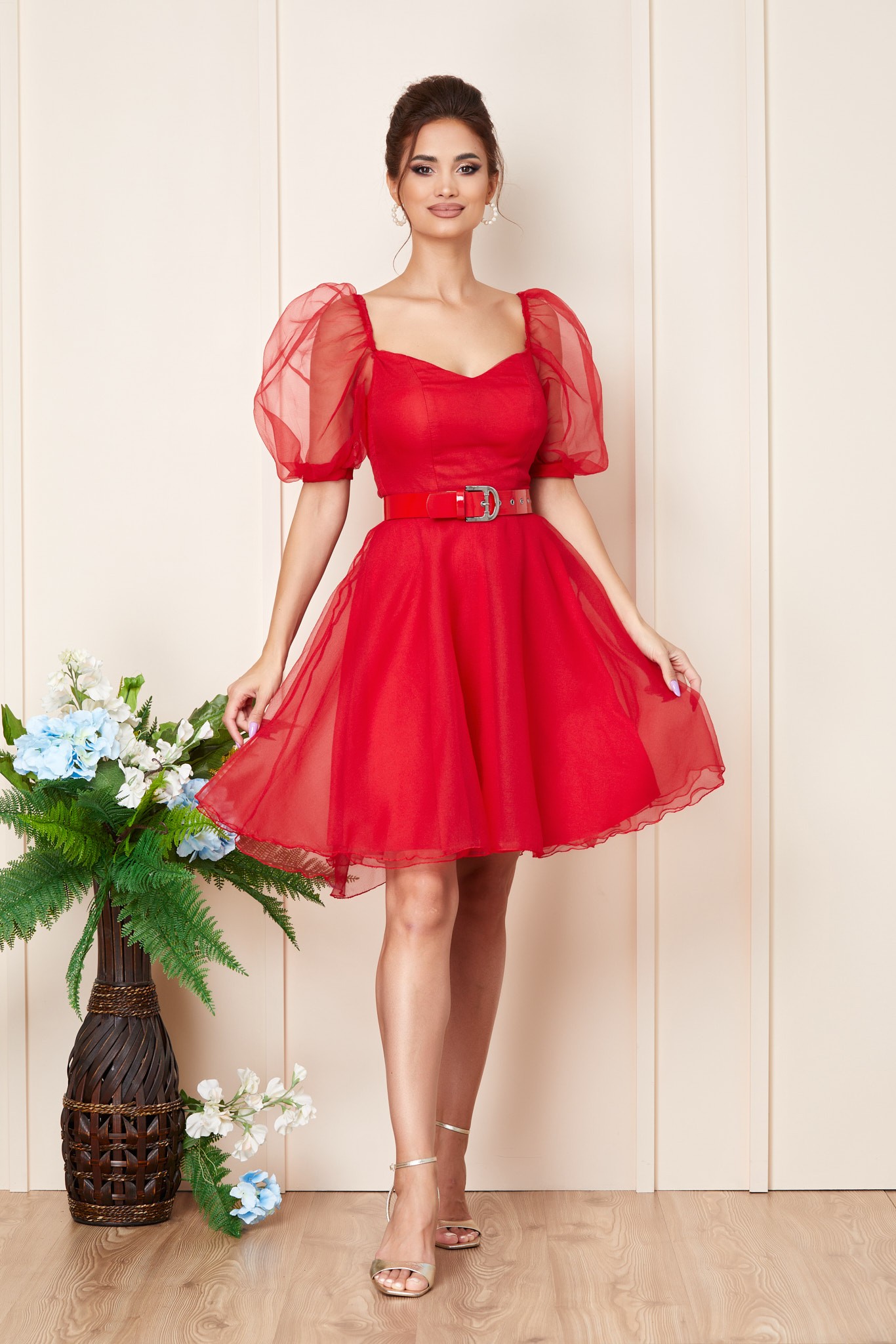 Κόκκινο Μίνι Αμπιγιέ Φόρεμα Με Μανίκια Puff Aurora T3225 1