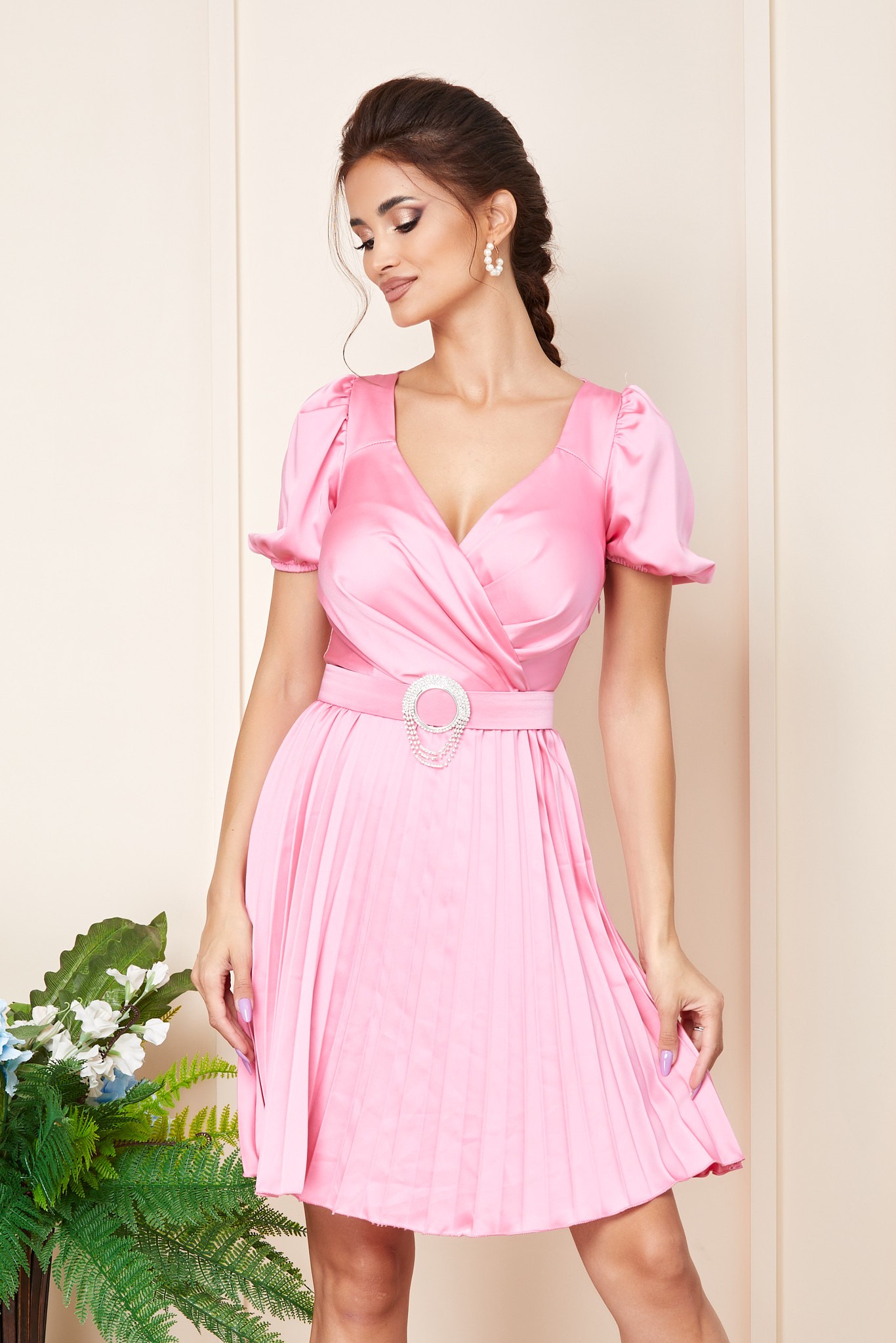 Ροζ Μίνι Σατέν Βραδινό Φόρεμα Harmony T3231 2