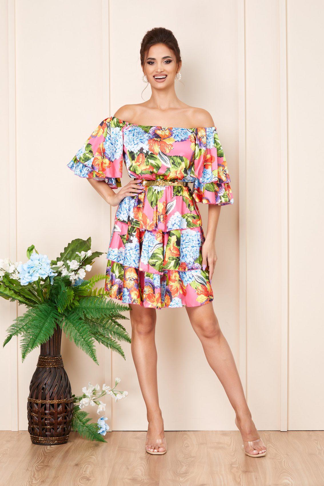 Ροζ Φλοράλ Σατέν Μίνι Βραδινό Φόρεμα Με Βολάν Moanna T3215 1