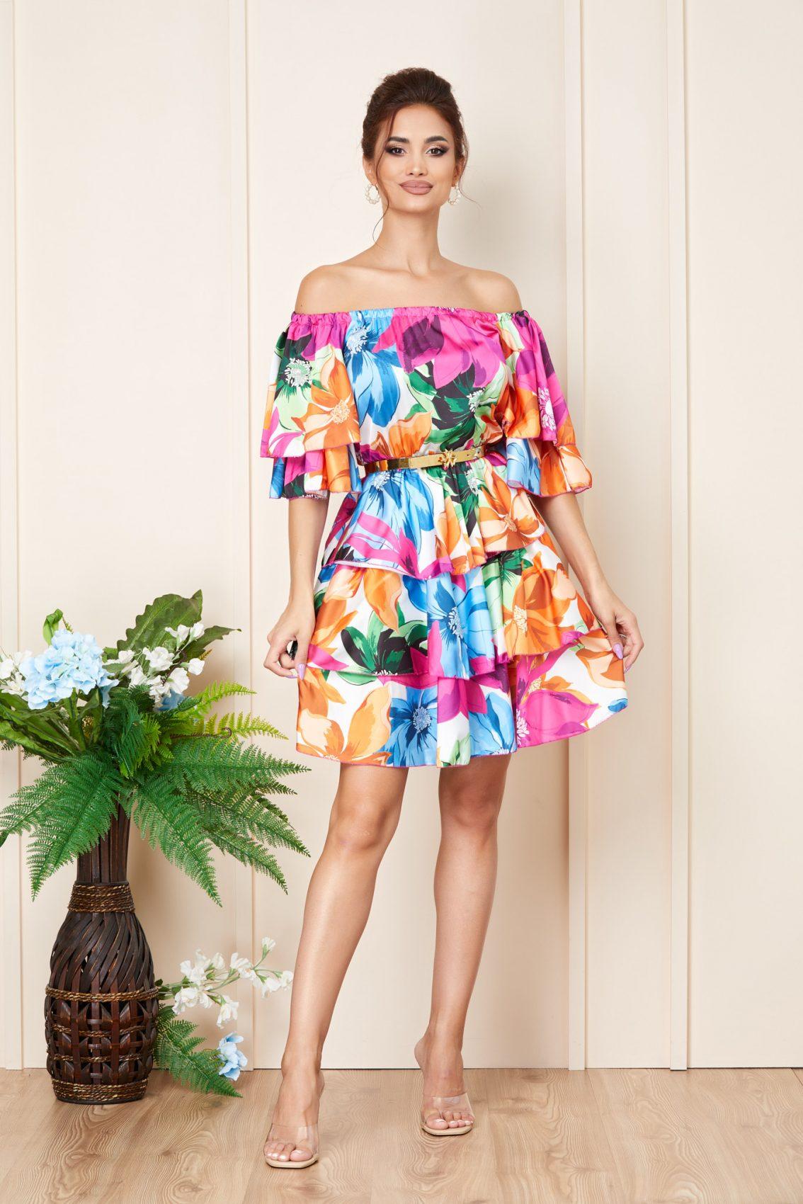 Φούξια Φλοράλ Σατέν Μίνι Βραδινό Φόρεμα Με Βολάν Moanna T3213 1