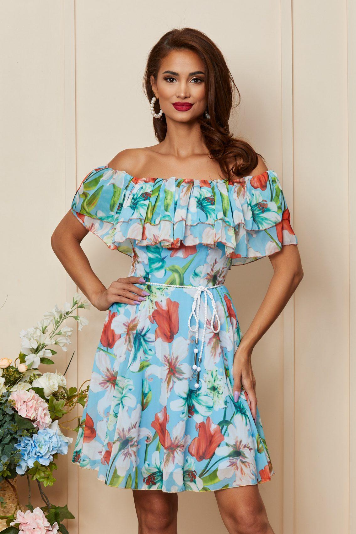 Σιέλ Φλοράλ Φόρεμα Με Βολάν Jasmine T3491 3