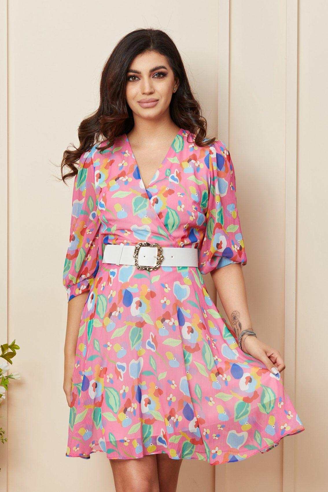 Ροζ Μίνι Εμπριμέ Φόρεμα Με Ζώνη Phoebe T3317 3