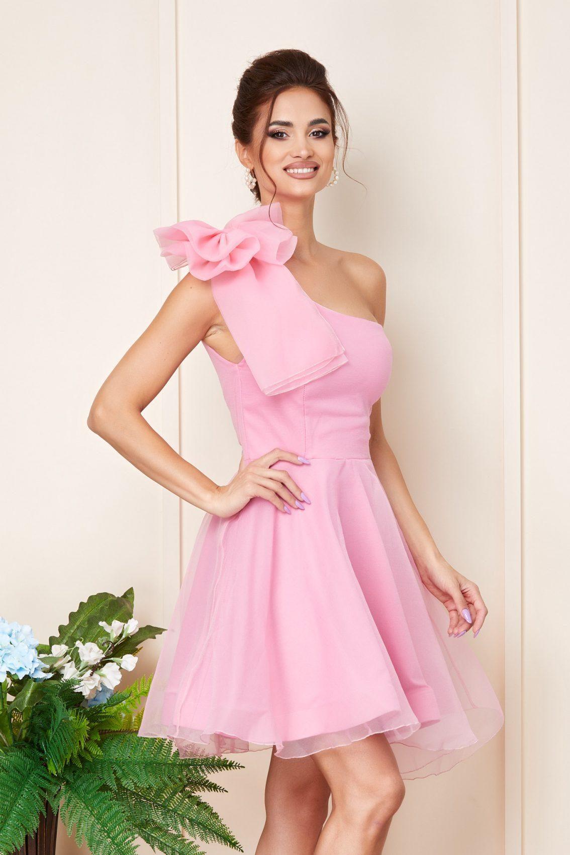 Ροζ Μίνι Βραδινό Φόρεμα Με Έναν Ώμο Azzurra T3245 3
