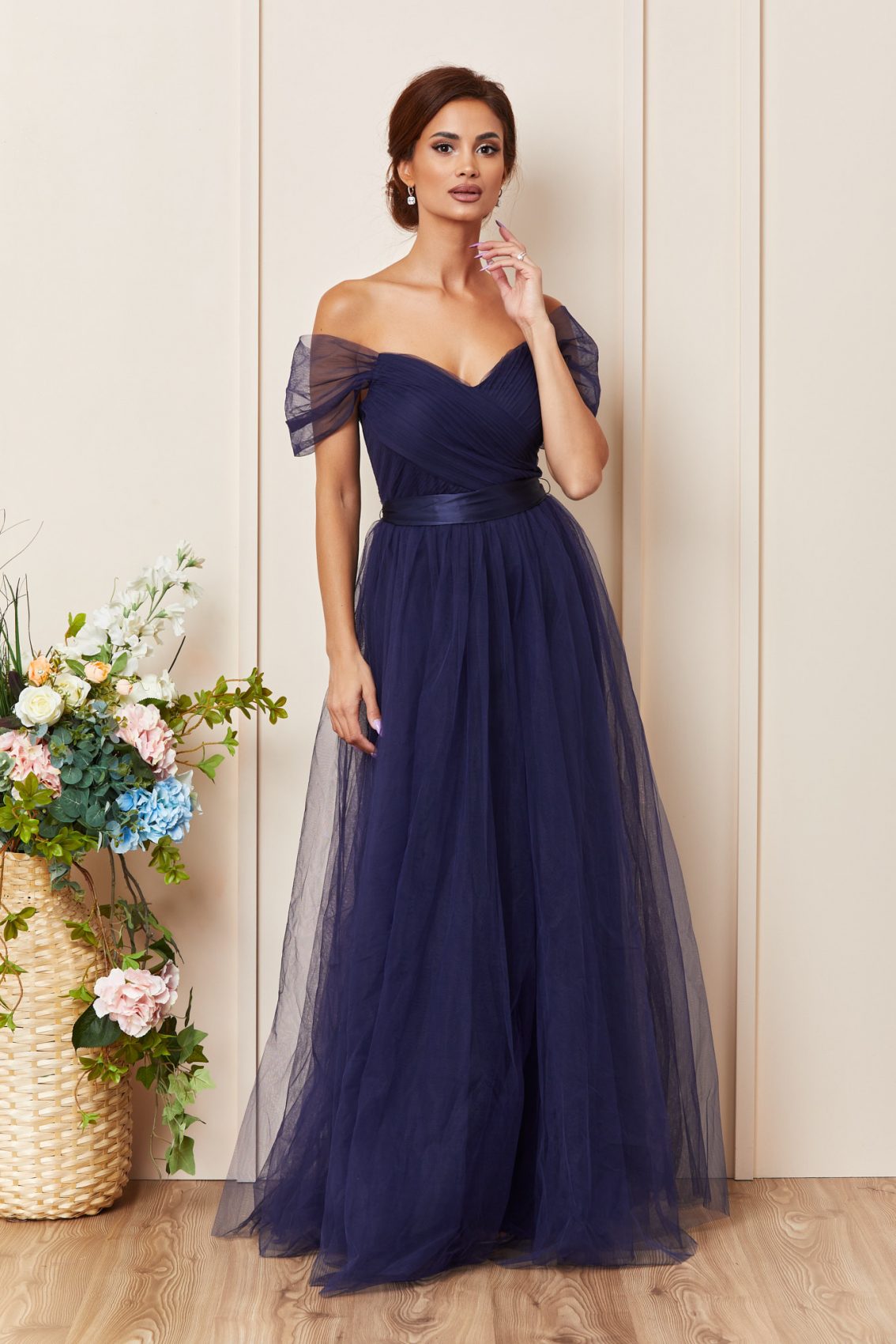 Μπλε Μάξι Αμπιγιέ Φόρεμα Από Τούλι Crown T3623 1