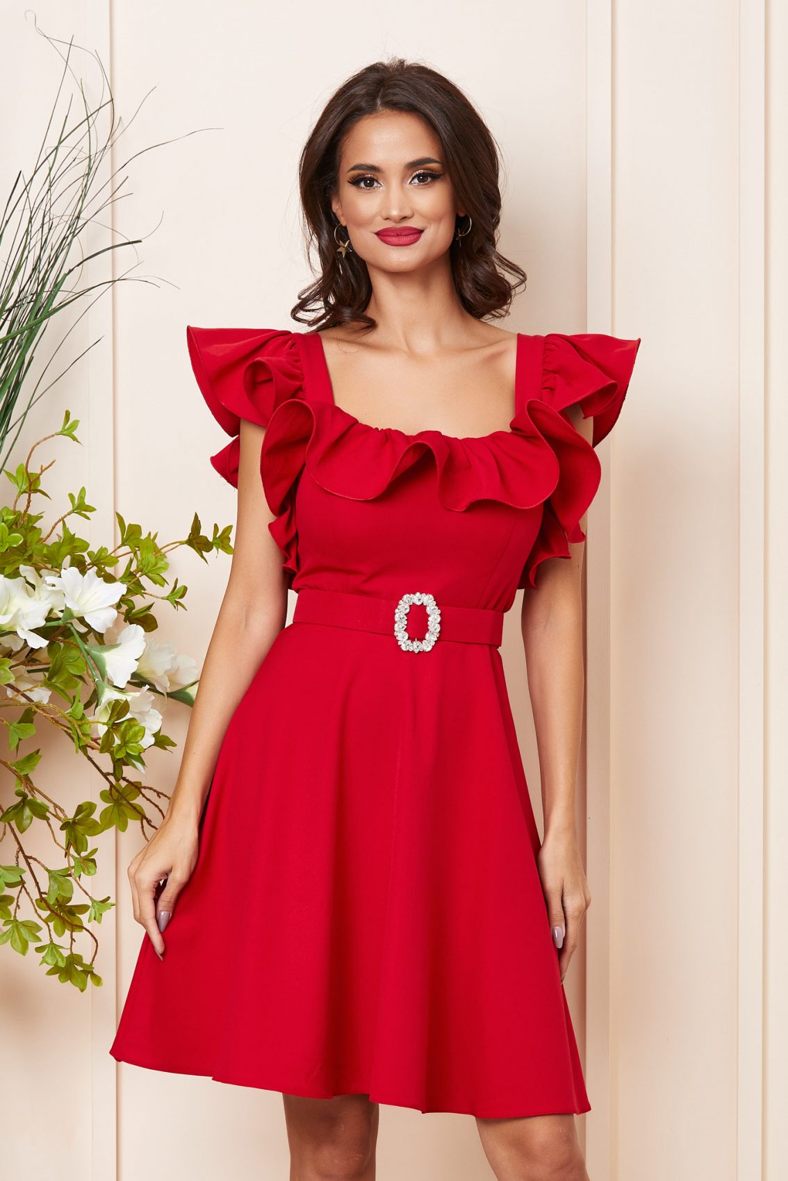 Κόκκινο Μίνι Βραδινό Φόρεμα Με Βολάν Juniper T3748 3