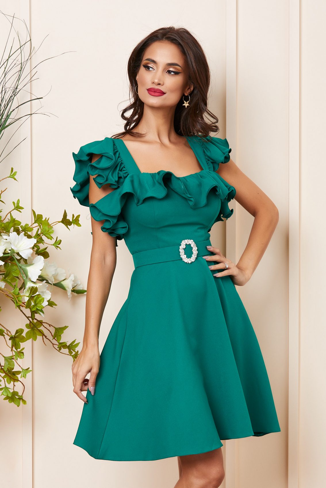 Πράσινο Μίνι Βραδινό Φόρεμα Με Βολάν Juniper T3749 3