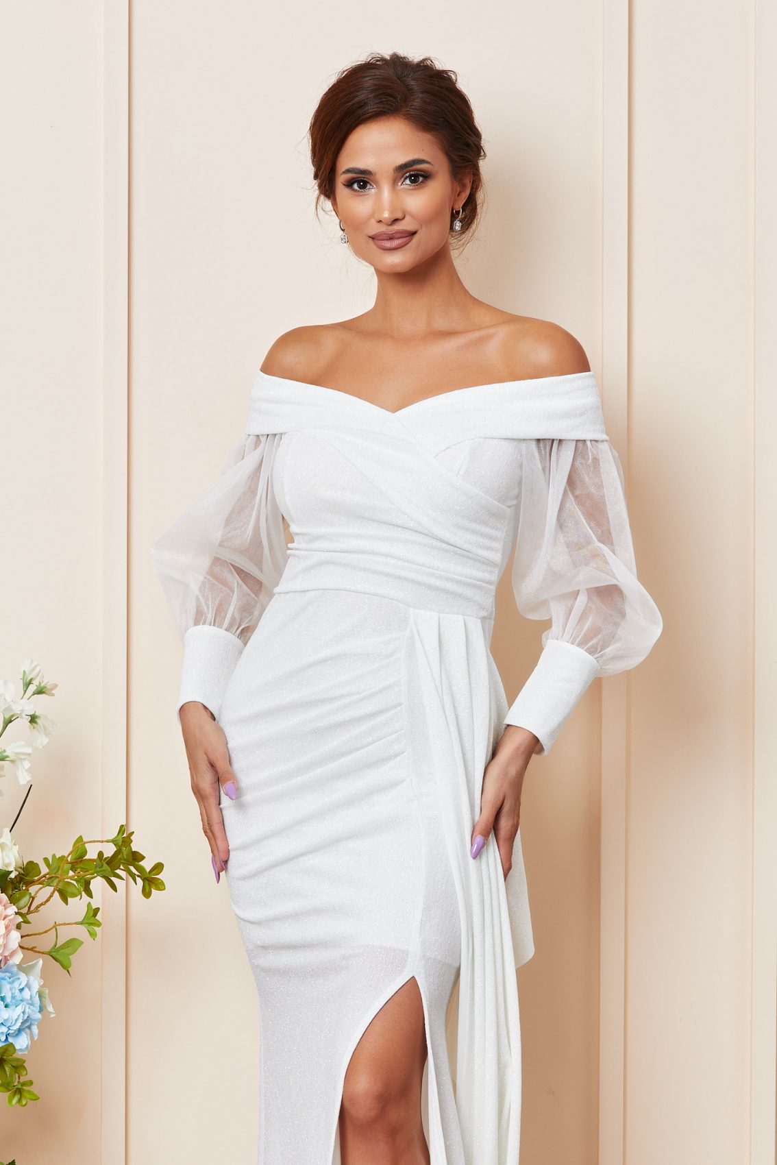 Λευκό Μάξι Γοργονέ Αμπιγιέ Φόρεμα Priceless T3651 3