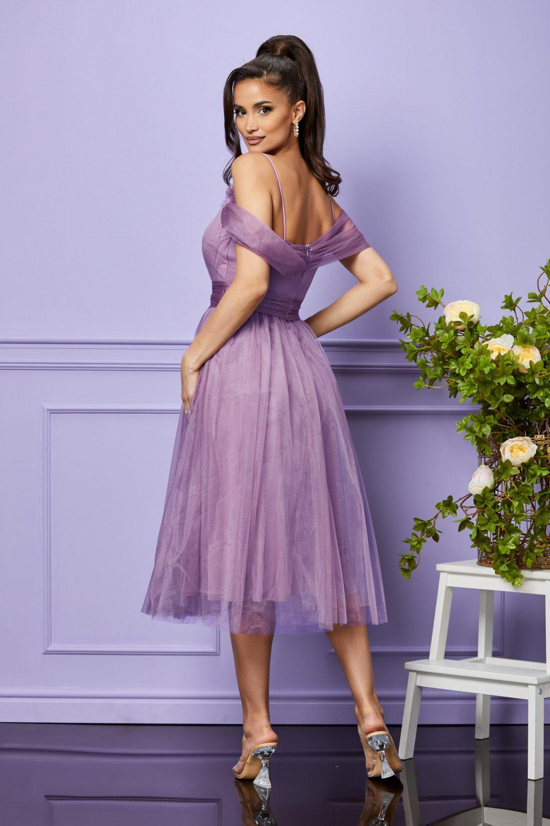 Λιλά Μίντι Αμπιγιέ Φόρεμα Με Τούλι Queeny T3720 2