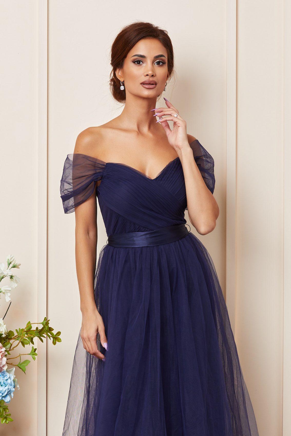 Μπλε Μάξι Αμπιγιέ Φόρεμα Από Τούλι Crown T3623 3