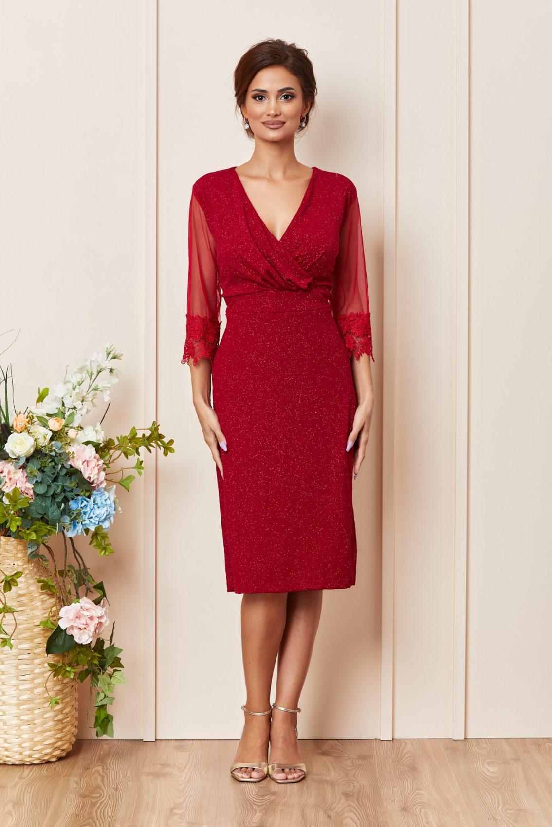 Κόκκινο Μίντι Βραδινό Φόρεμα Plus Size Verra T3658 1