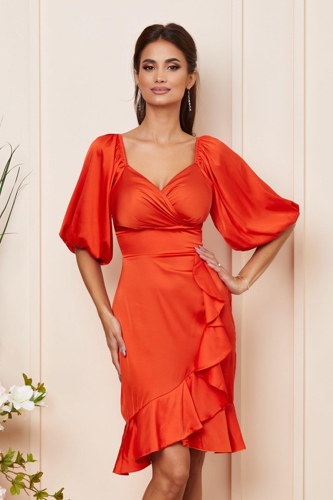 Πορτοκαλί Μίντι Σατέν Βραδινό Φόρεμα Με Βολάν Nuria T3923 3