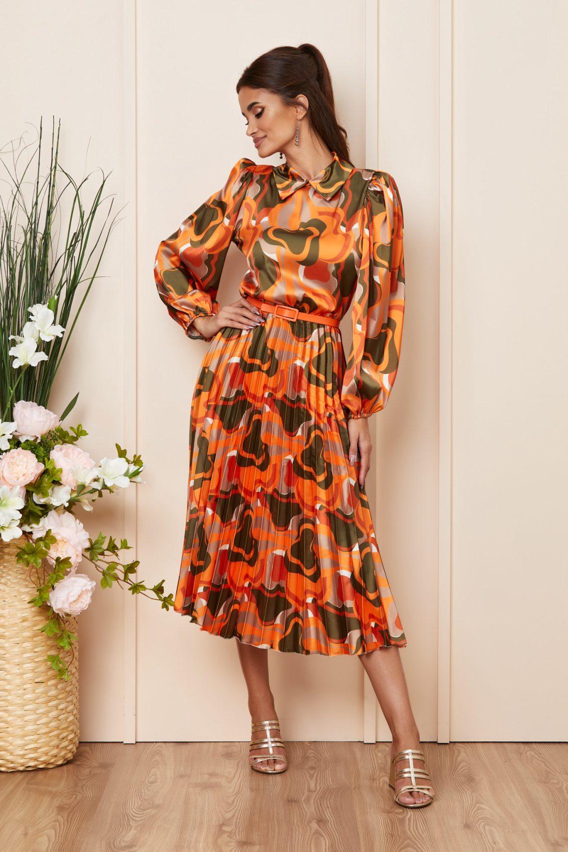 Πορτοκαλί Μίντι Βραδινό Σατέν Φόρεμα Ezrra T3940 1