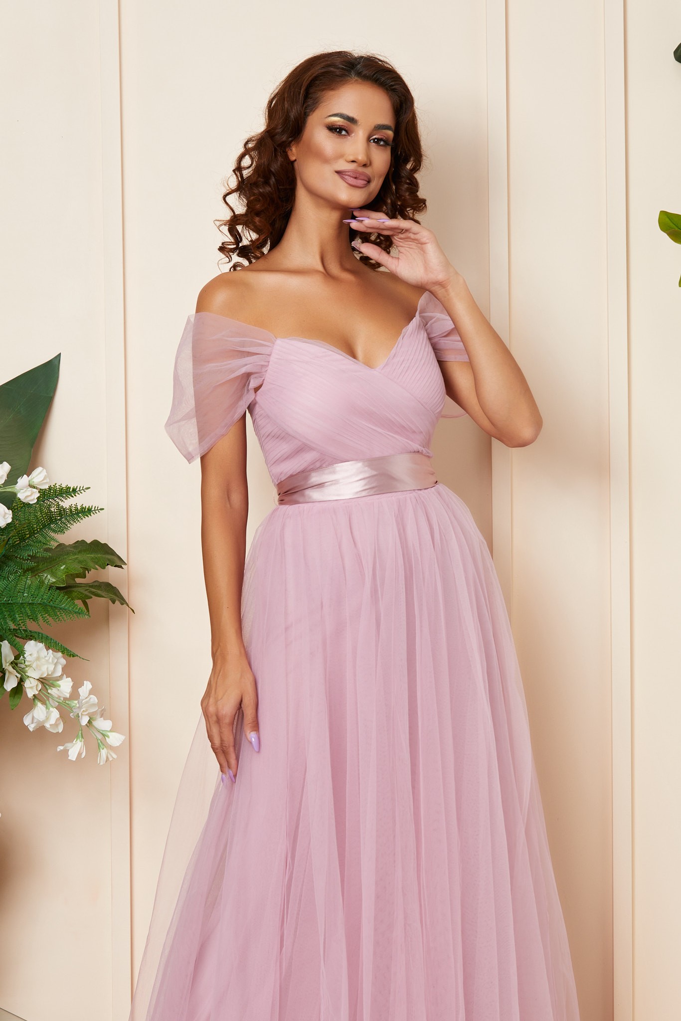 Ροζ Μάξι Αμπιγιέ Φόρεμα Από Τούλι Crown T3333 3