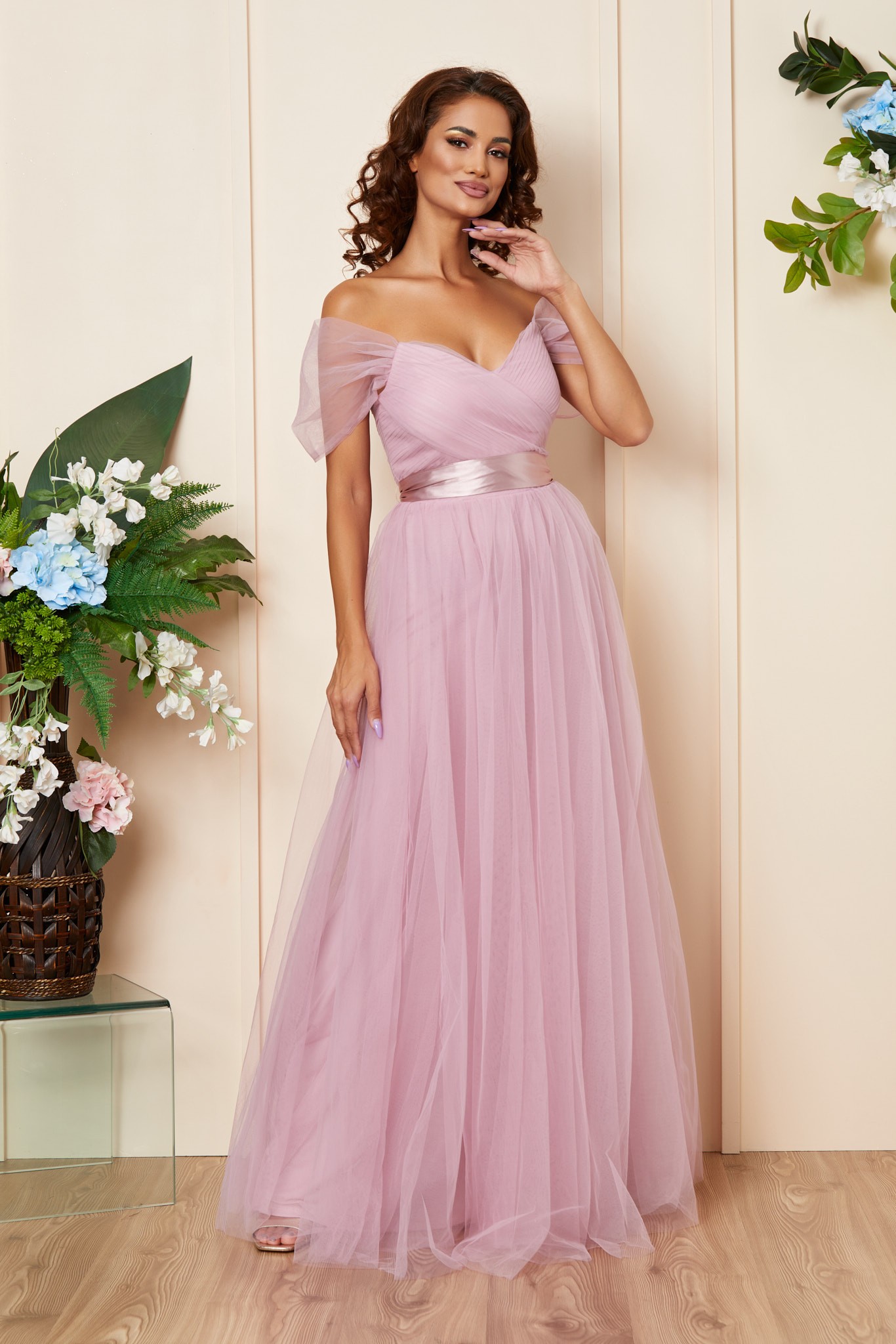 Ροζ Μάξι Αμπιγιέ Φόρεμα Από Τούλι Crown T3333 1