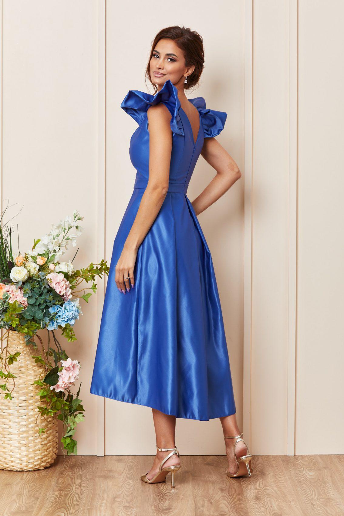 Μπλε Ρουά Σατέν Μίντι Αμπιγιέ Φόρεμα Με Βολάν Lucinda T3605 2