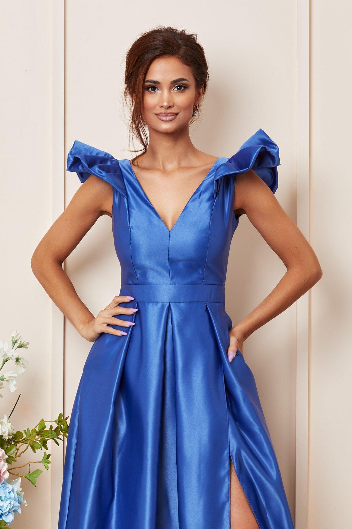 Μπλε Ρουά Σατέν Μίντι Αμπιγιέ Φόρεμα Με Βολάν Lucinda T3605 3