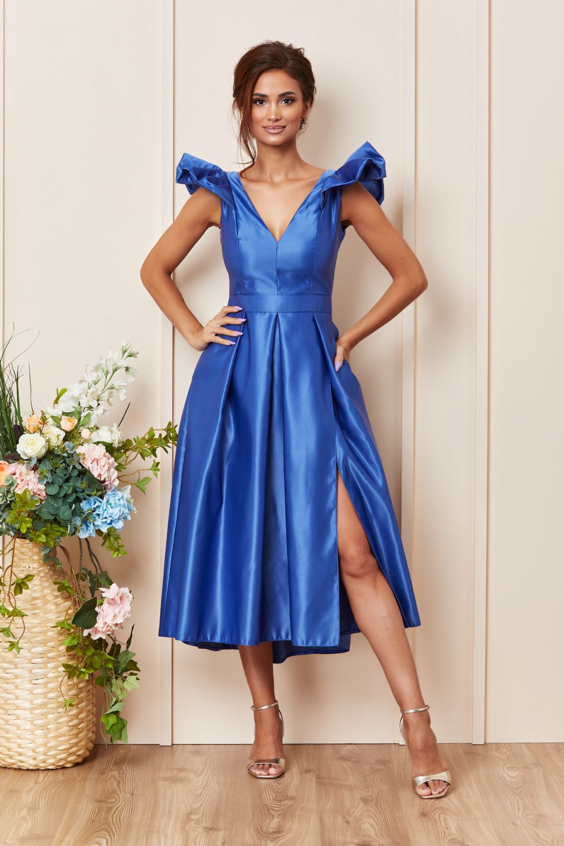 Μπλε Ρουά Σατέν Μίντι Αμπιγιέ Φόρεμα Με Βολάν Lucinda T3605 1