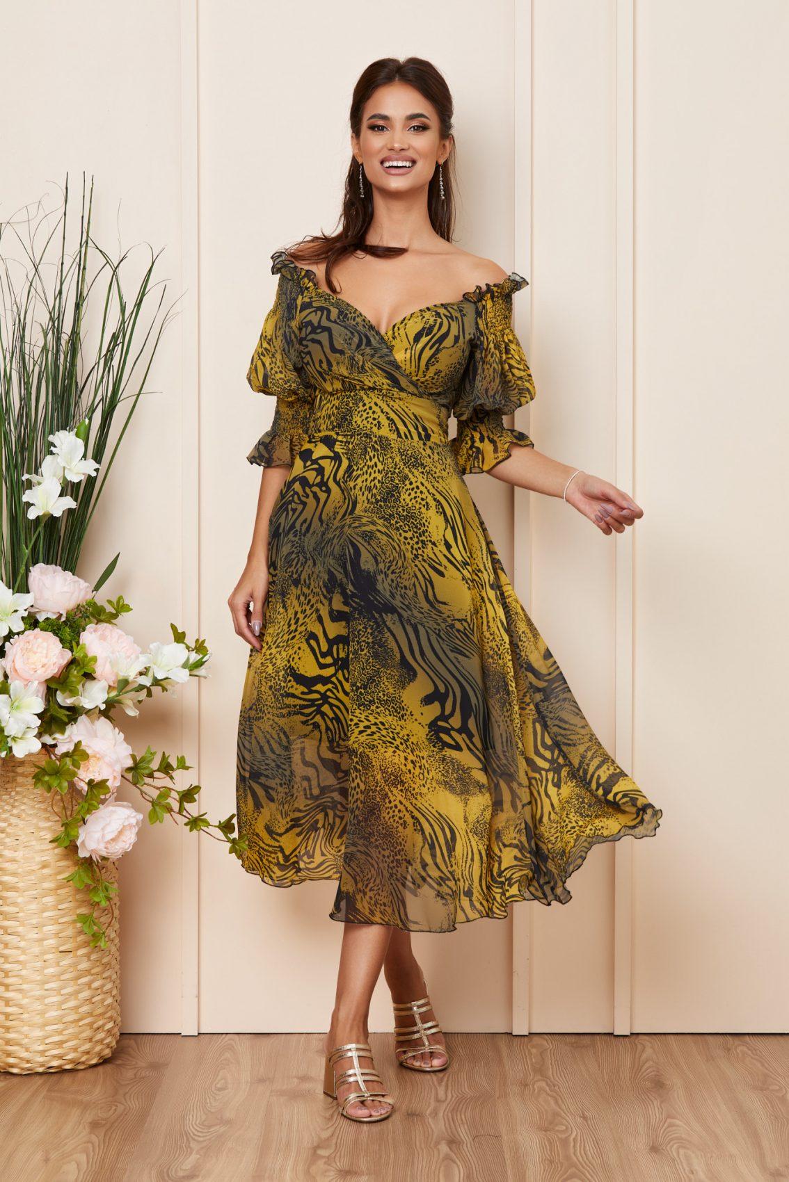 Κίτρινο Μίντι Βραδινό Φόρεμα Από Μουσελίνα Eleanor T3906 1