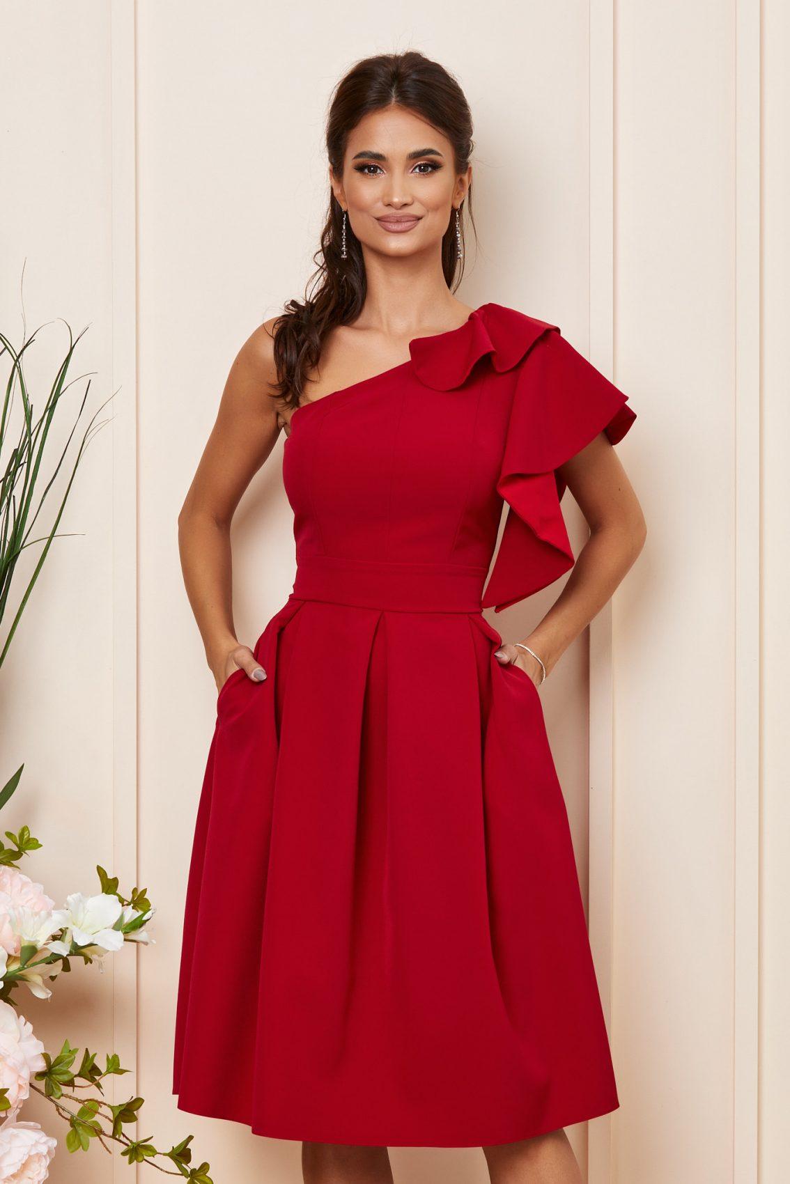 Κόκκινο Μίντι Βραδινό Φόρεμα Με Βολάν Elodie T3877 3