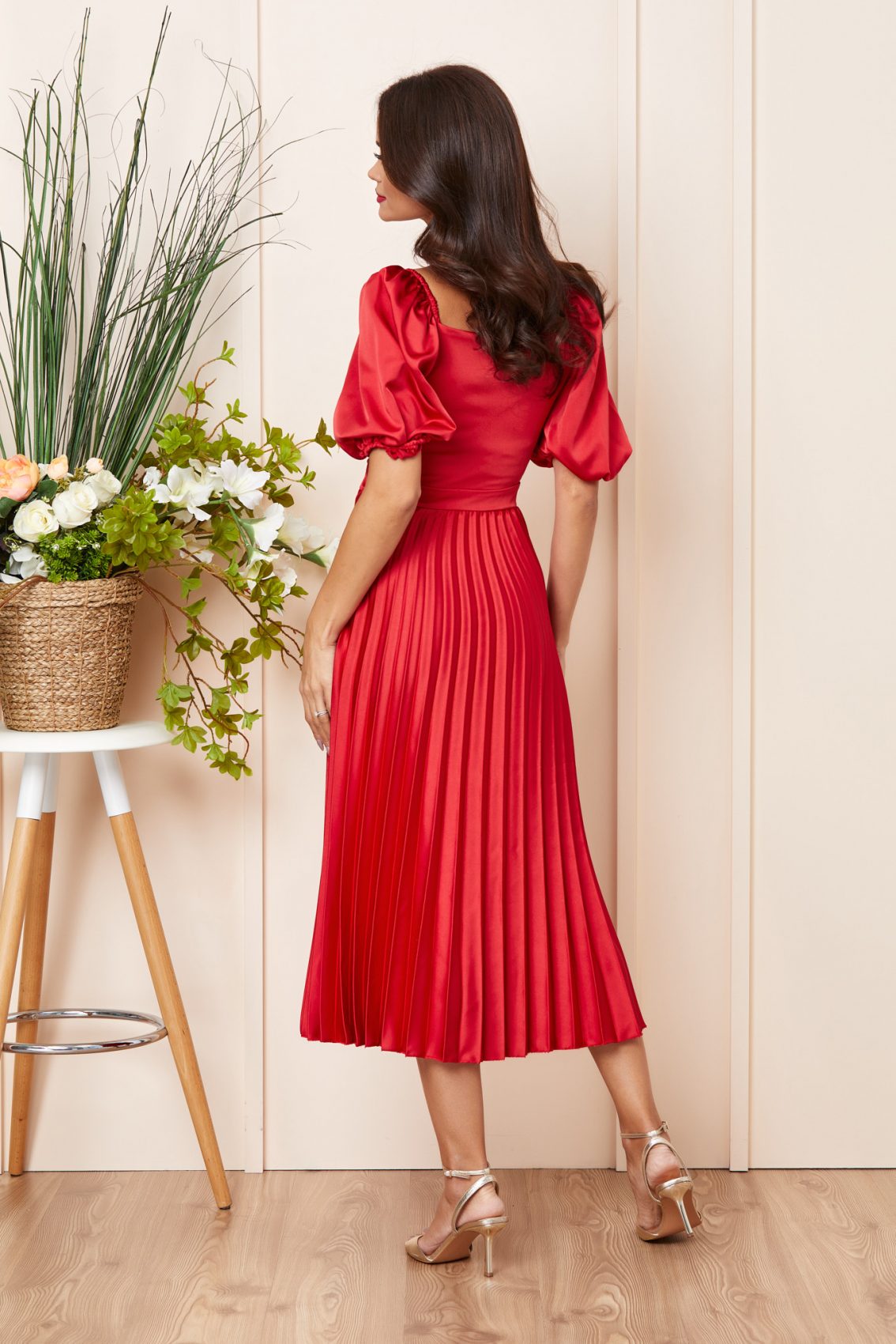 Κόκκινο Μίντι Σατέν Βραδινό Φόρεμα Melba T3799 2
