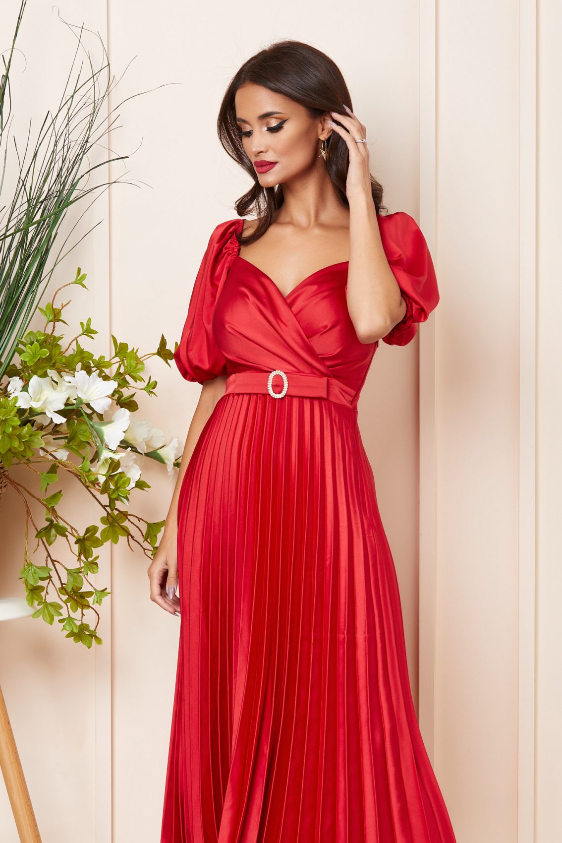 Κόκκινο Μίντι Σατέν Βραδινό Φόρεμα Melba T3799 3