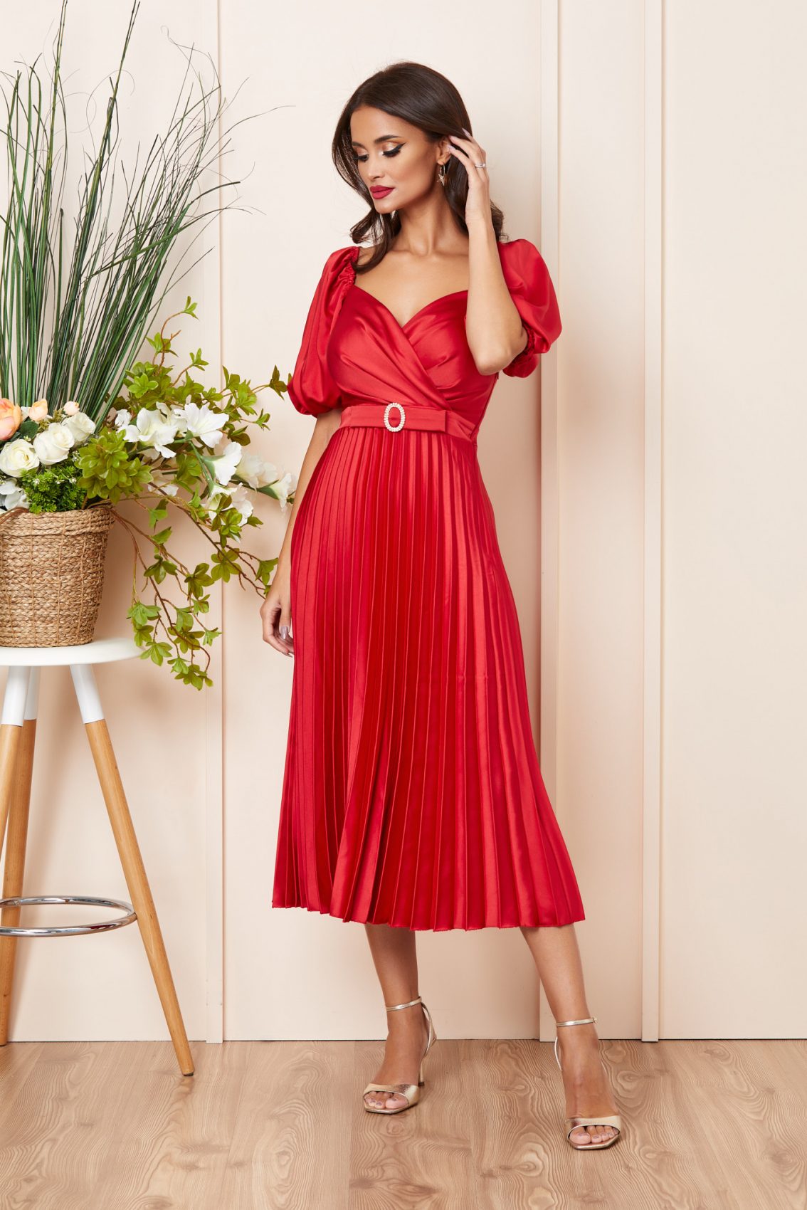 Κόκκινο Μίντι Σατέν Βραδινό Φόρεμα Melba T3799 1