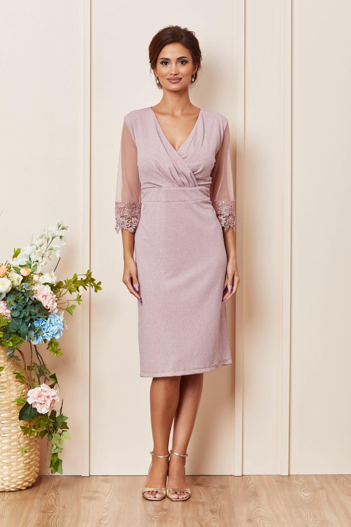 Ροζ Μίντι Βραδινό Φόρεμα Plus Size Verra T3656 1