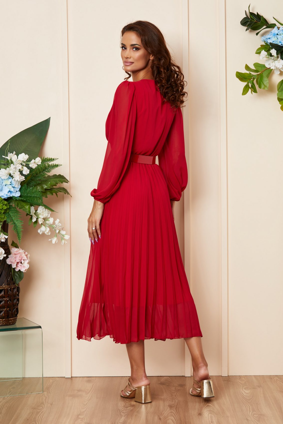 Κόκκινο Μίντι Πλισέ Φόρεμα Ingrid A893 2