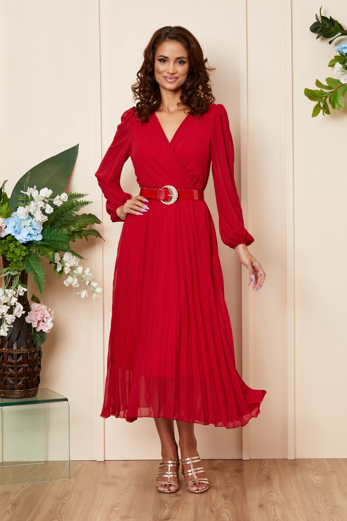 Κόκκινο Μίντι Πλισέ Φόρεμα Ingrid A893 1
