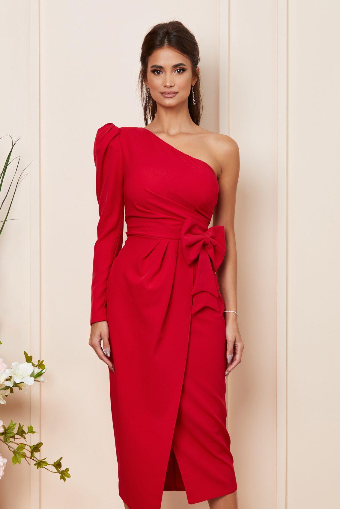 Κόκκινο Μίντι Βραδινό Φόρεμα Με Ένα Μανίκι Karmella T3916 3