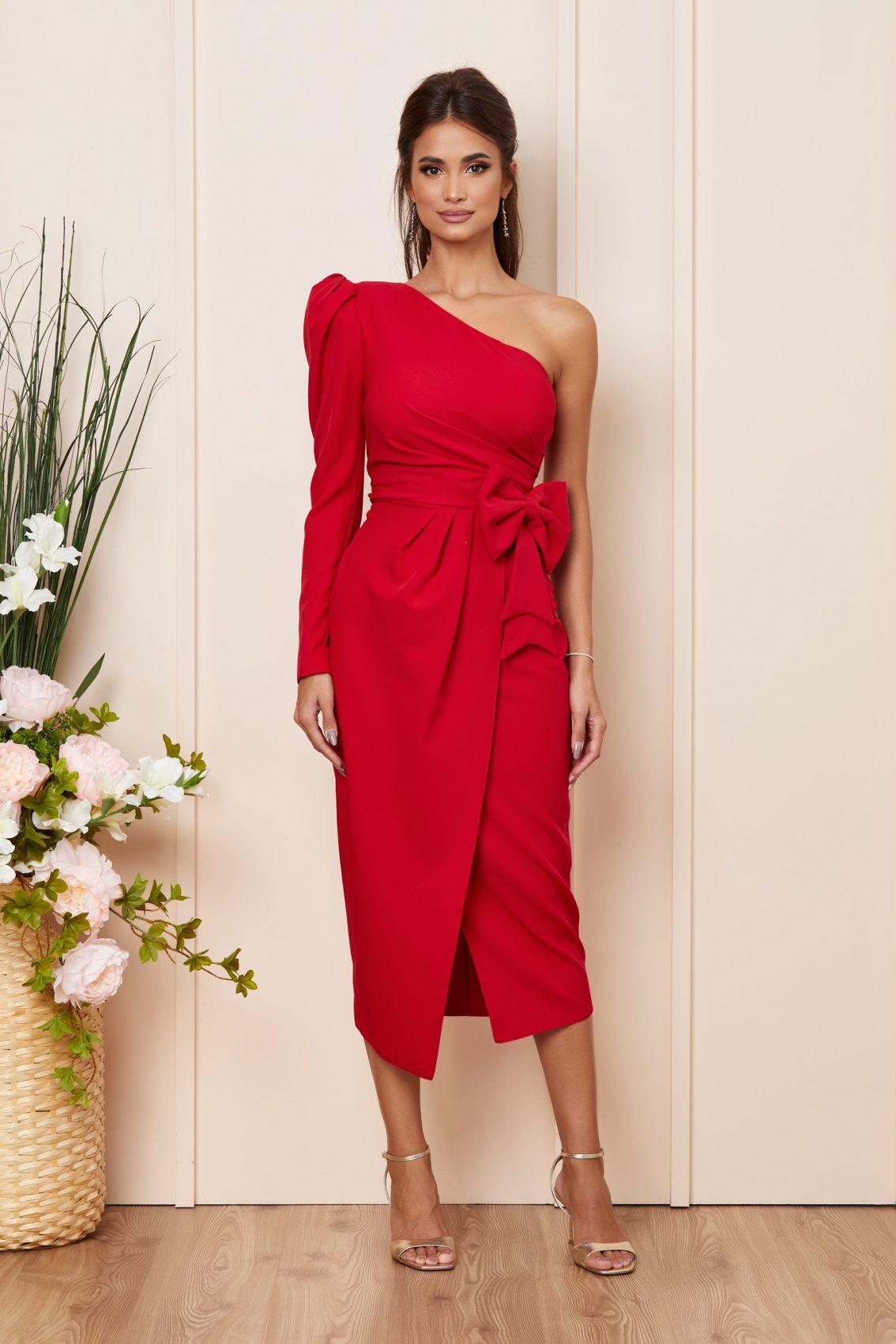 Κόκκινο Μίντι Βραδινό Φόρεμα Με Ένα Μανίκι Karmella T3916 1
