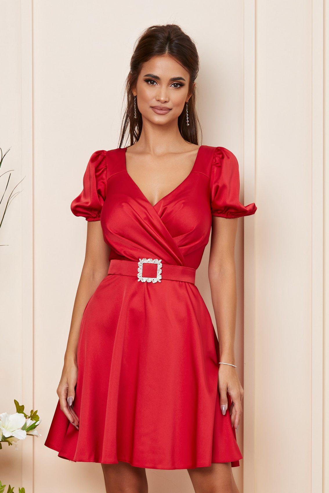 Κόκκινο Σατέν Μίνι Βραδινό Φόρεμα Zahra T3942 3