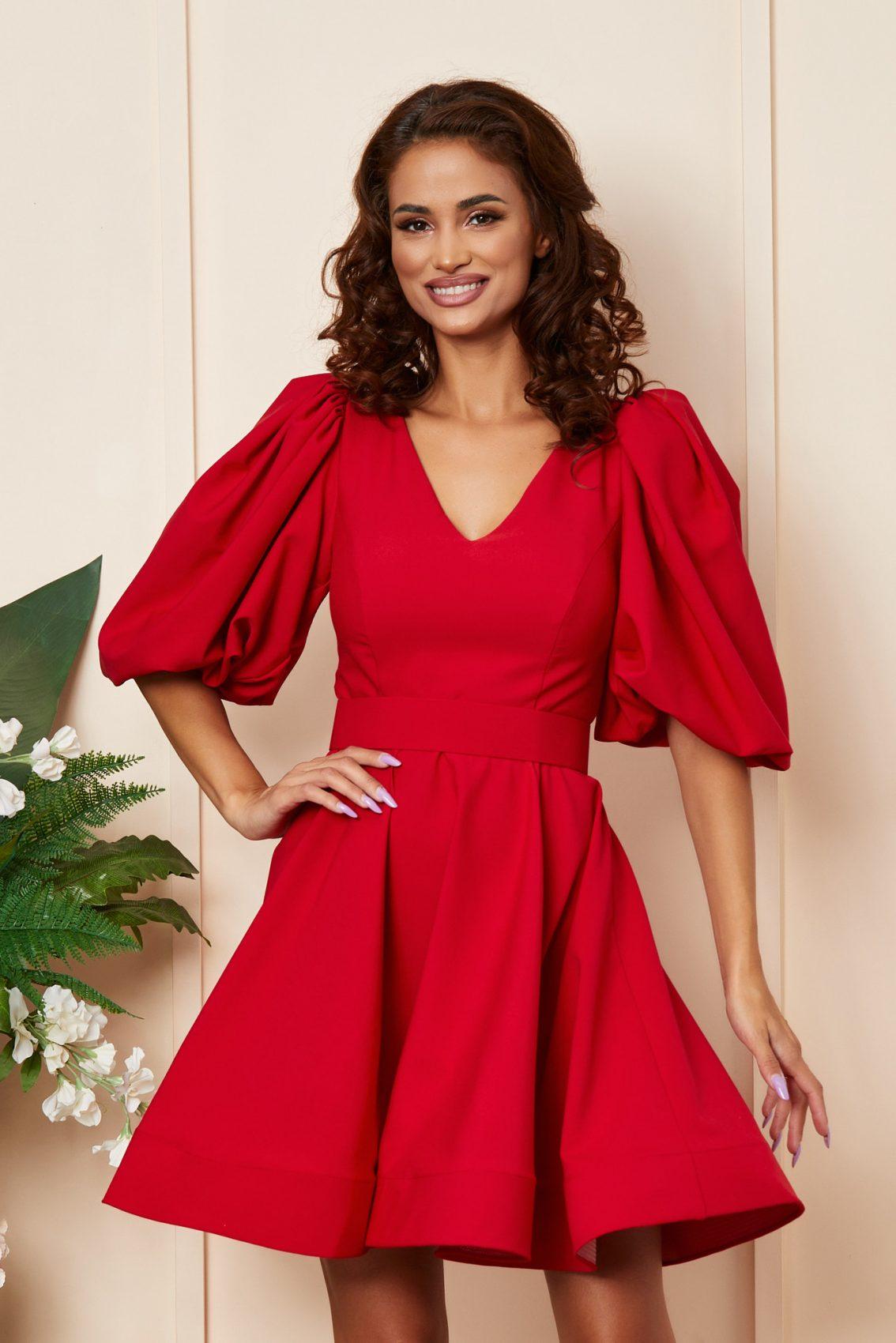 Κόκκινο Μίνι Βραδινό Φόρεμα Με Μανίκια Puff Memphis T3013 3