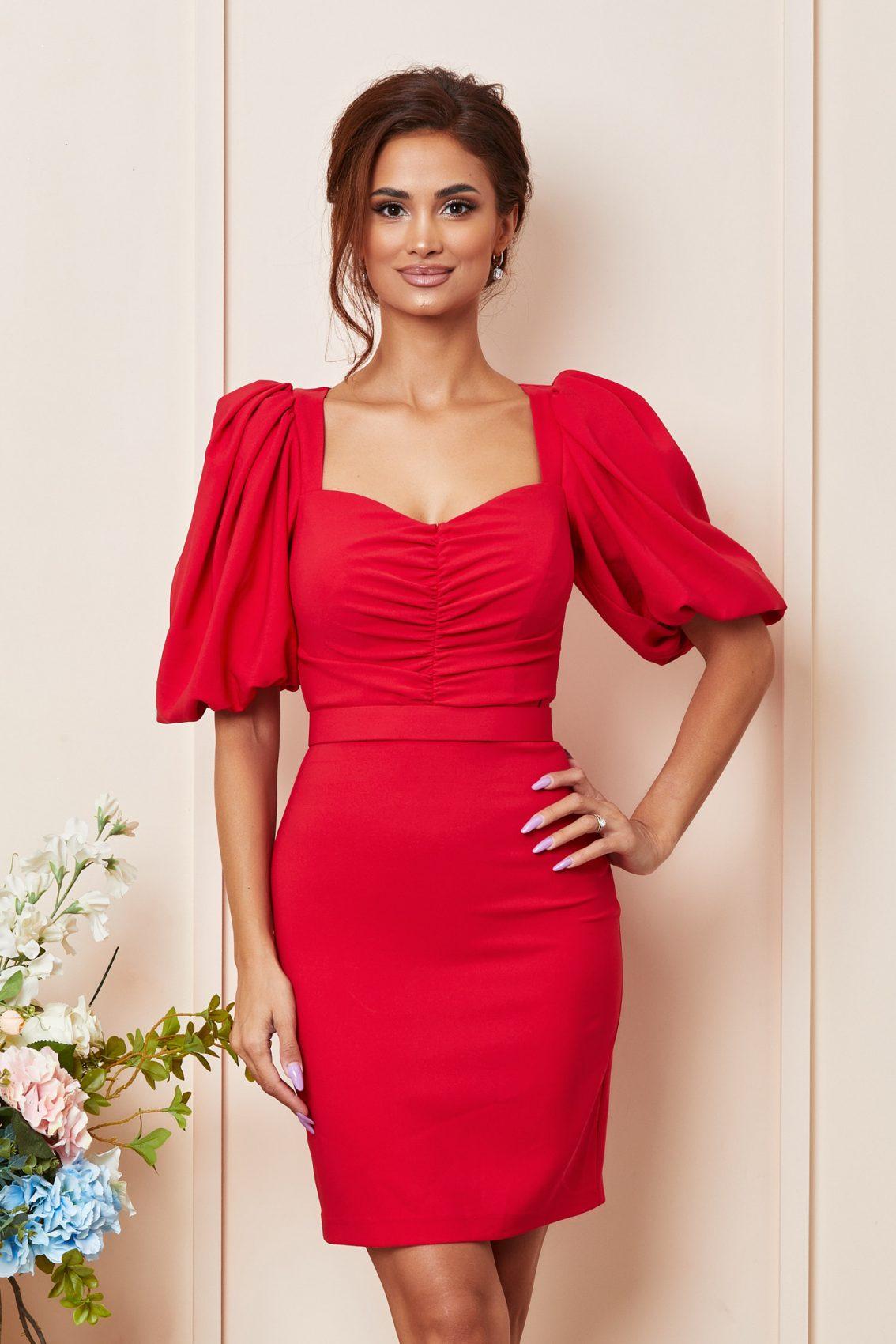 Κόκκινο Μίνι Βραδινό Φόρεμα Με Μανίκια Puff Odelya T3616 3