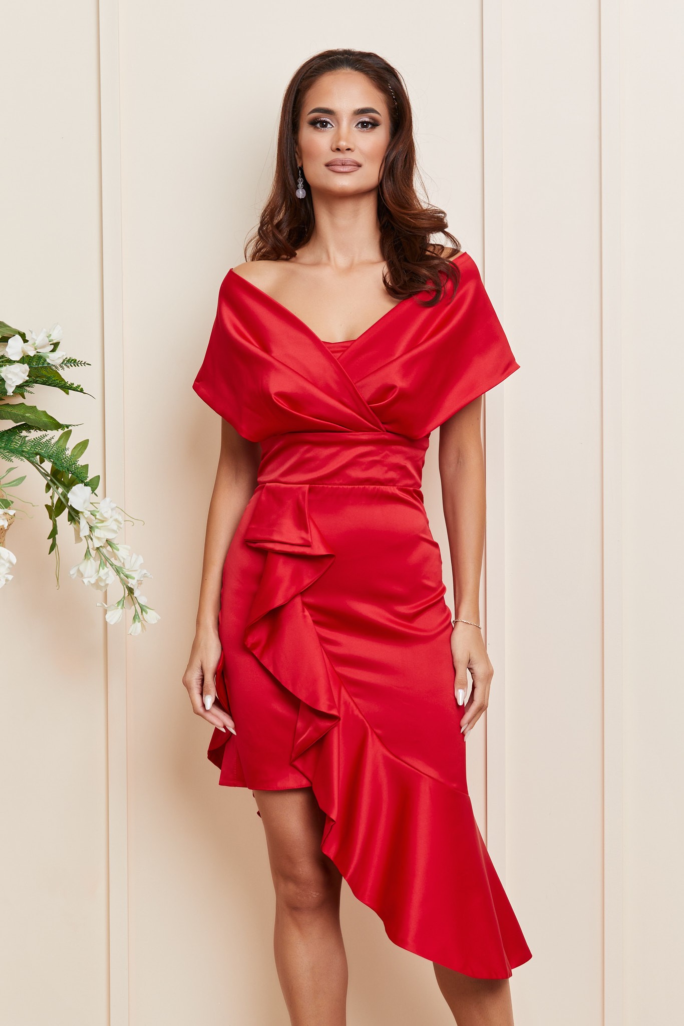 Κόκκινο Σατέν Μίντι Ασύμμετρο Βραδινό Φόρεμα Alline T3984 3
