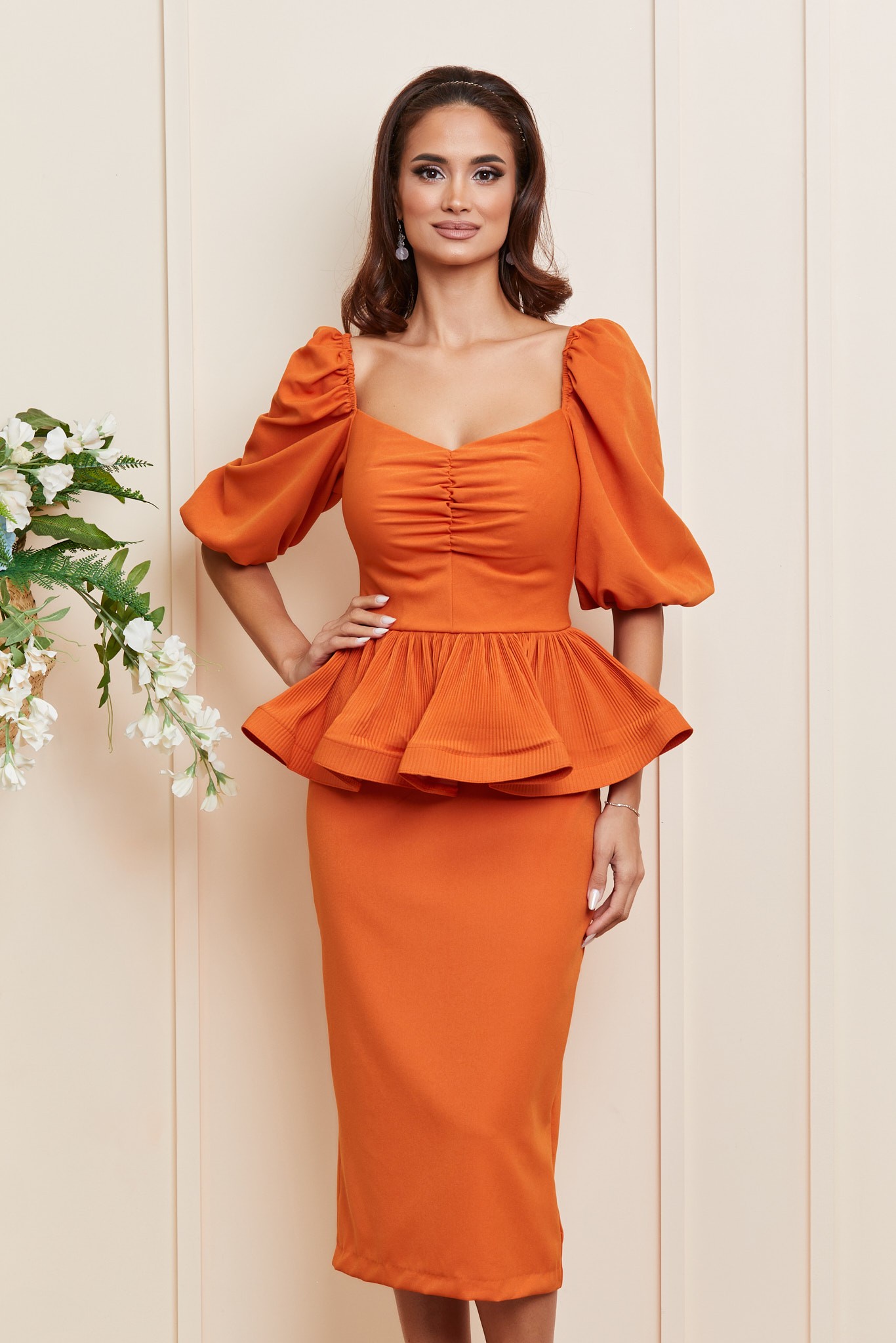 Πορτοκαλί Μίντι Αμπιγιέ Φόρεμα Με Βολάν Karla T3999 1