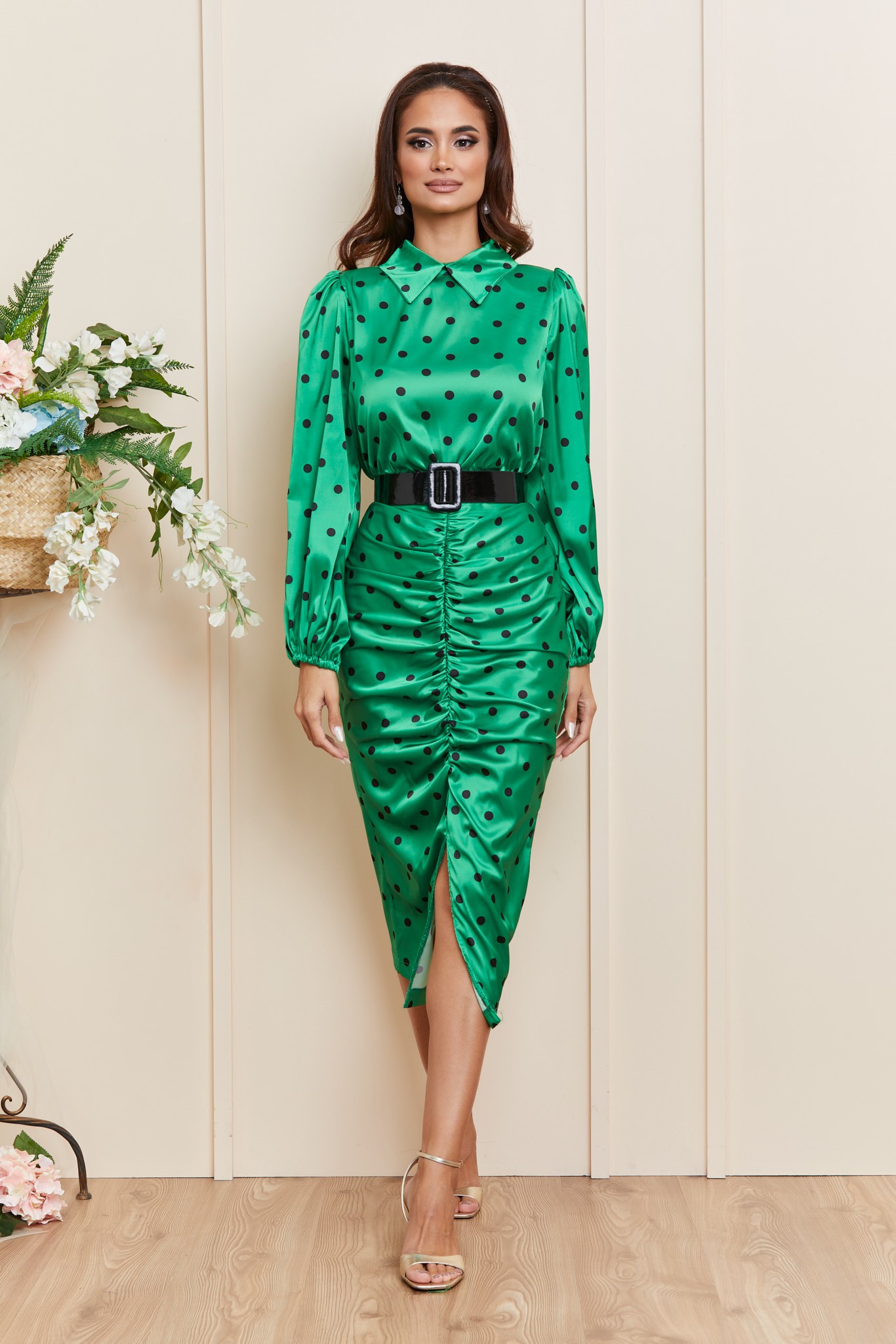 Πράσινο Πουά Σατέν Μίντι Βραδινό Φόρεμα Yarina T4017 3