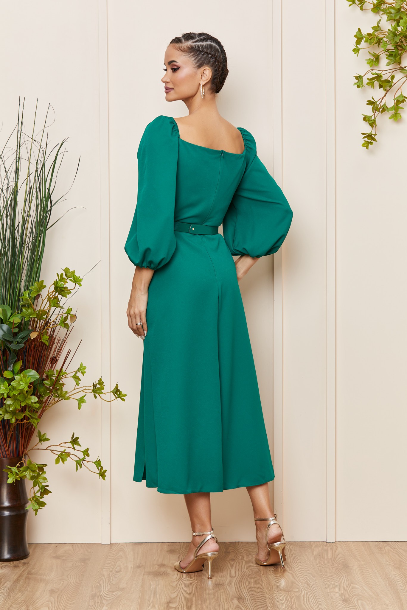 Πράσινο Μίντι Φόρεμα Με Τρουακάρ Μανίκι Amna T4144 2