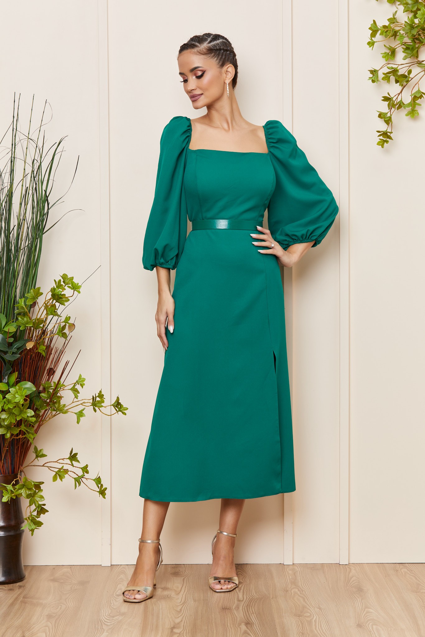 Πράσινο Μίντι Φόρεμα Με Τρουακάρ Μανίκι Amna T4144 1