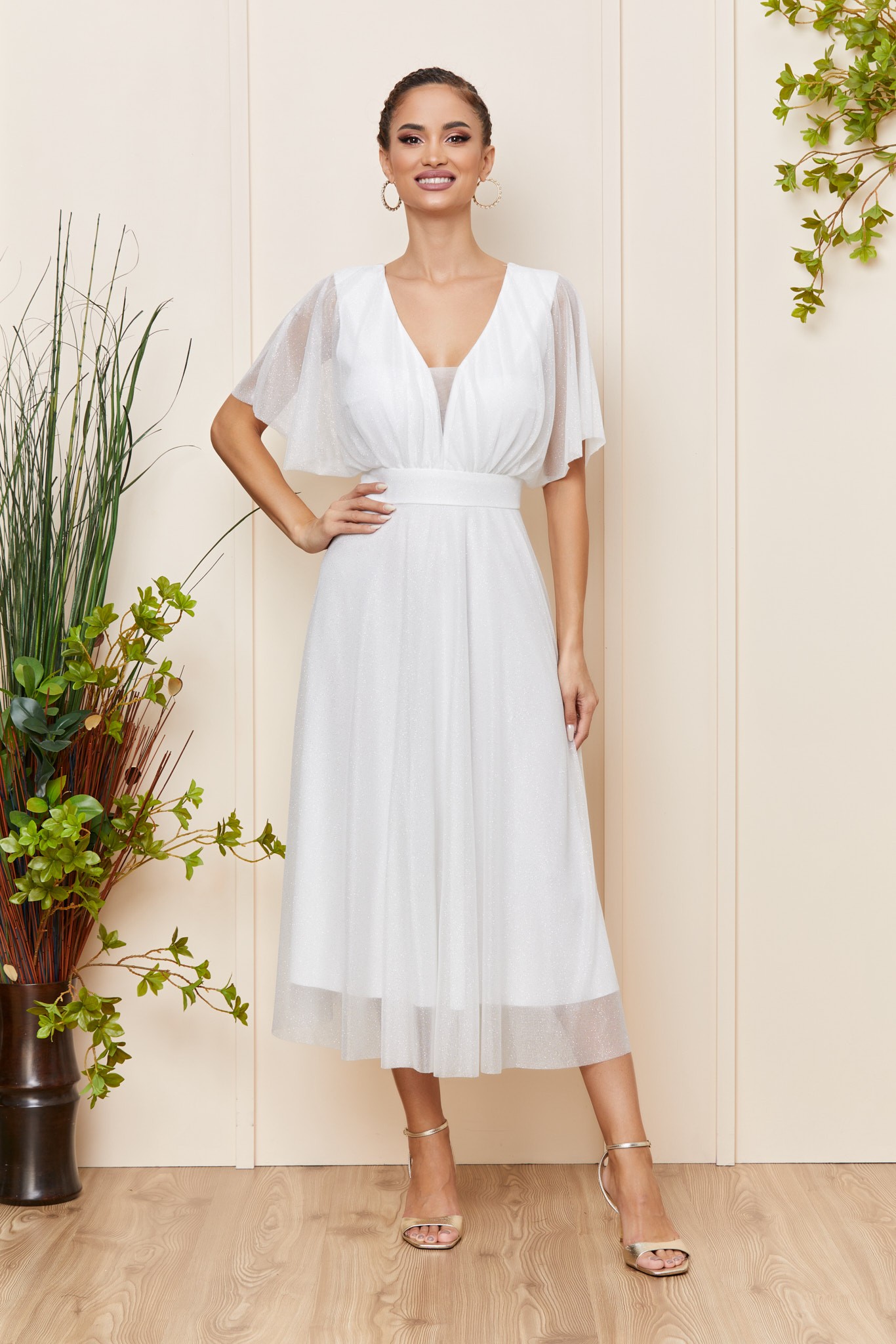 Λευκό Μίντι Βραδινό Φόρεμα Darling T4064 1